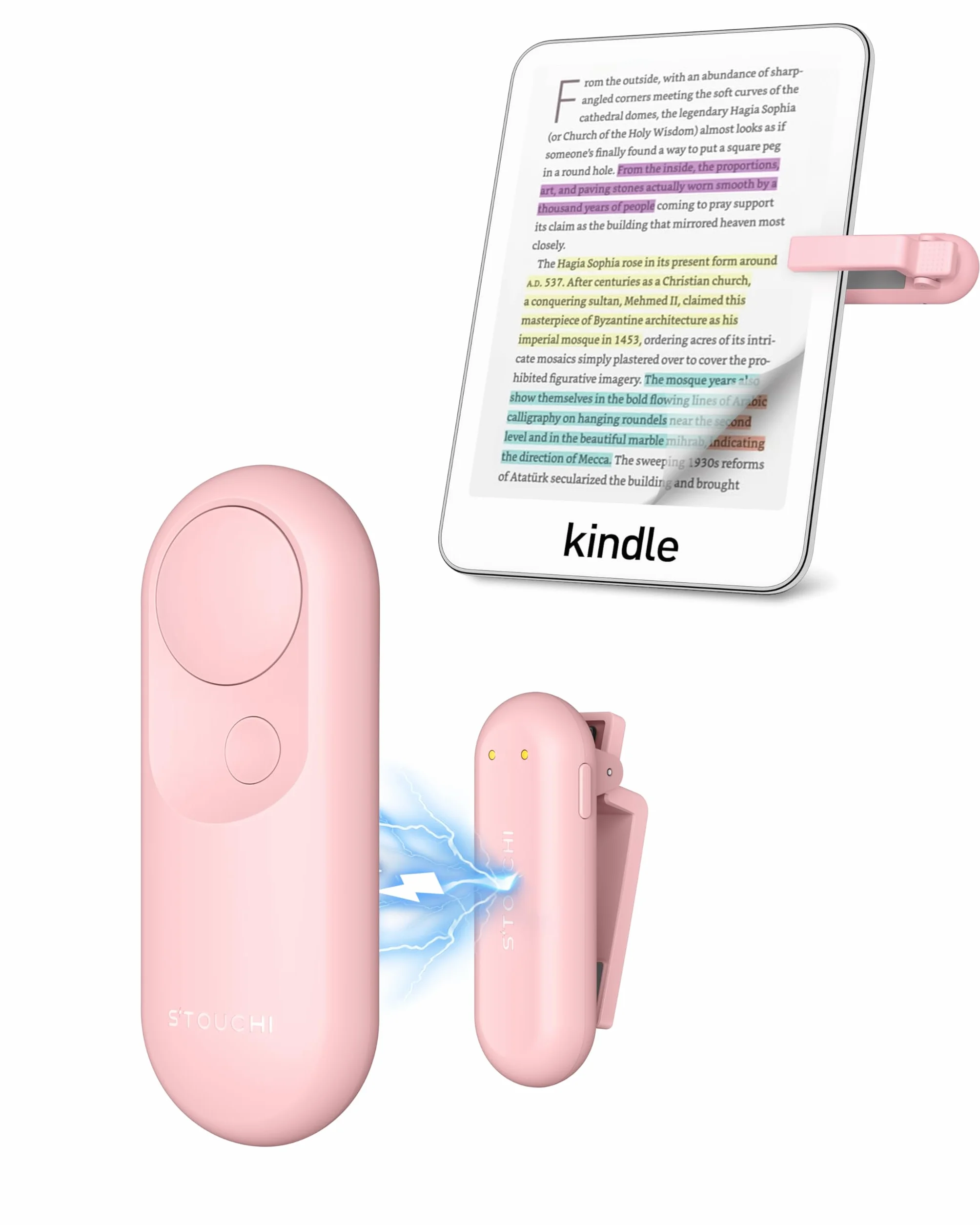 Stouchi Page Turner Remote do akcesoriów Kindle Paper white Colorsoft Oasis Scribe eReaders 2w1 Magnetic Kindle Clicker Control Lightweight do tabletu Kindle iPad z paskiem na nadgarstek - różowy
