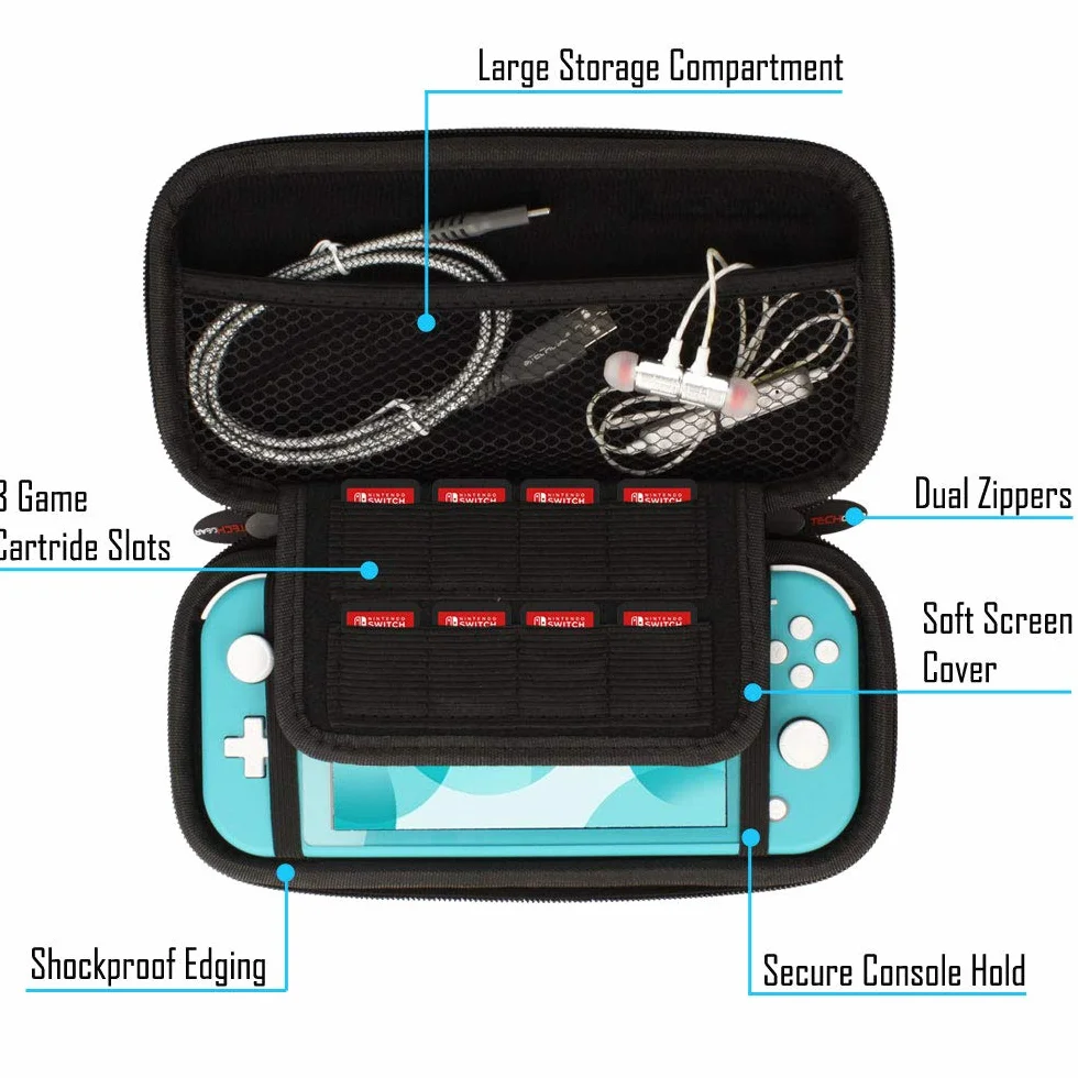 TECHGEAR Switch Lite Etui Ochronne - Twarde Etui Transportowe Do Przechowywania Kompatybilne z Nintendo Switch Lite, 8 Gniazd Na Karty Do Gier + Akcesoria [Szare]