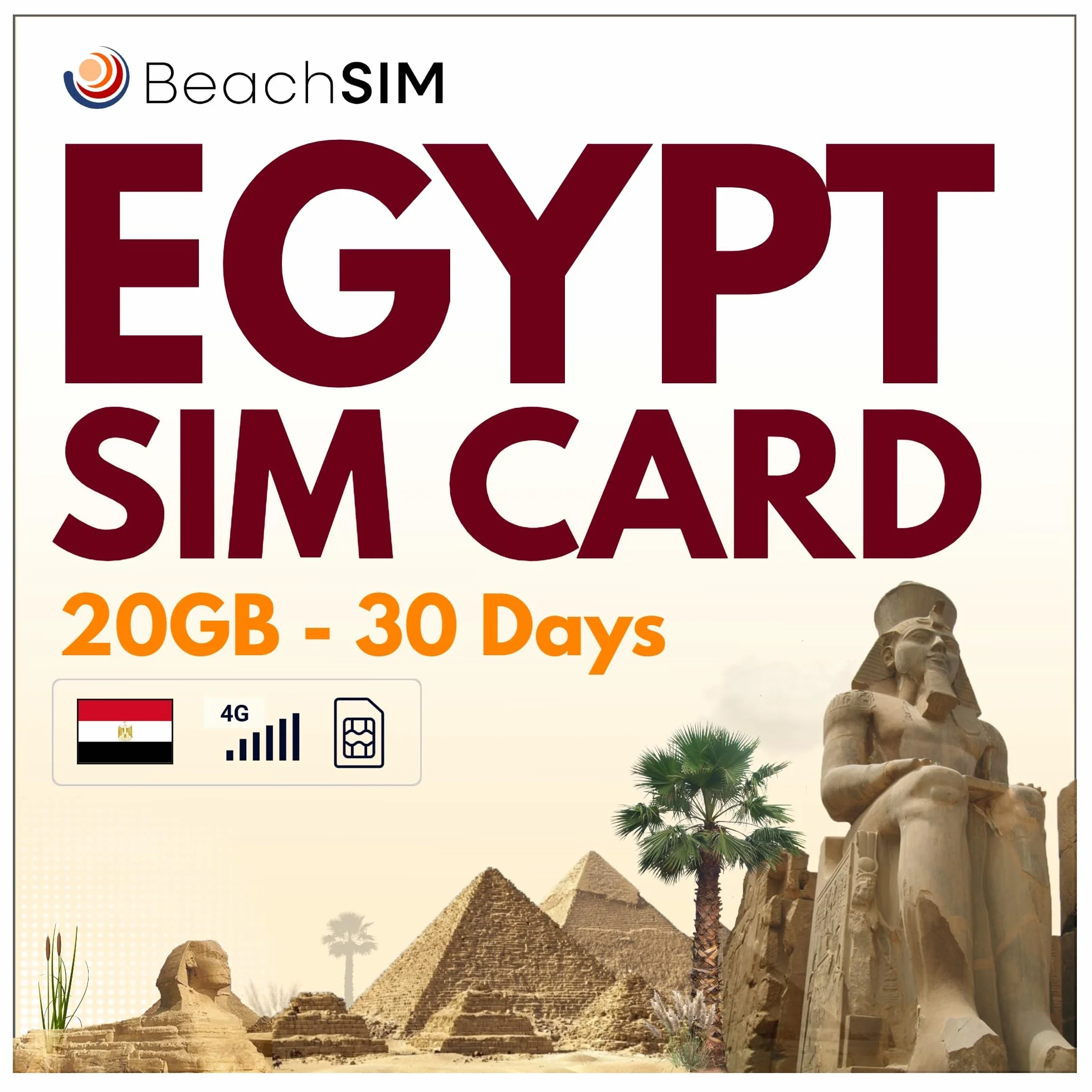 Karta SIM Egypt. 20 GB danych przy prędkościach 4G/5G. Tylko karta SIM prepaid. Działa na urządzeniach z systemem iOS i Android. Ważna przez 30 dni.