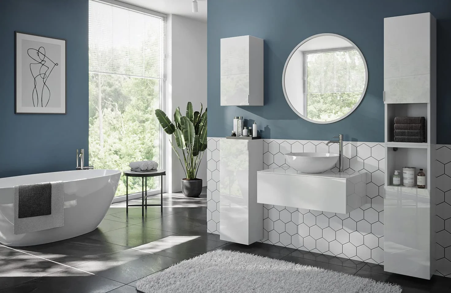 PLATAN ROOM Szafka łazienkowa, wysoka szafka łazienkowa, zestaw 2-częściowy, 60 cm, 90 cm, 120 cm, 150 cm, wisząca szafka łazienkowa z miękkim domykaniem, do łazienki, matowa – biała o wysokim