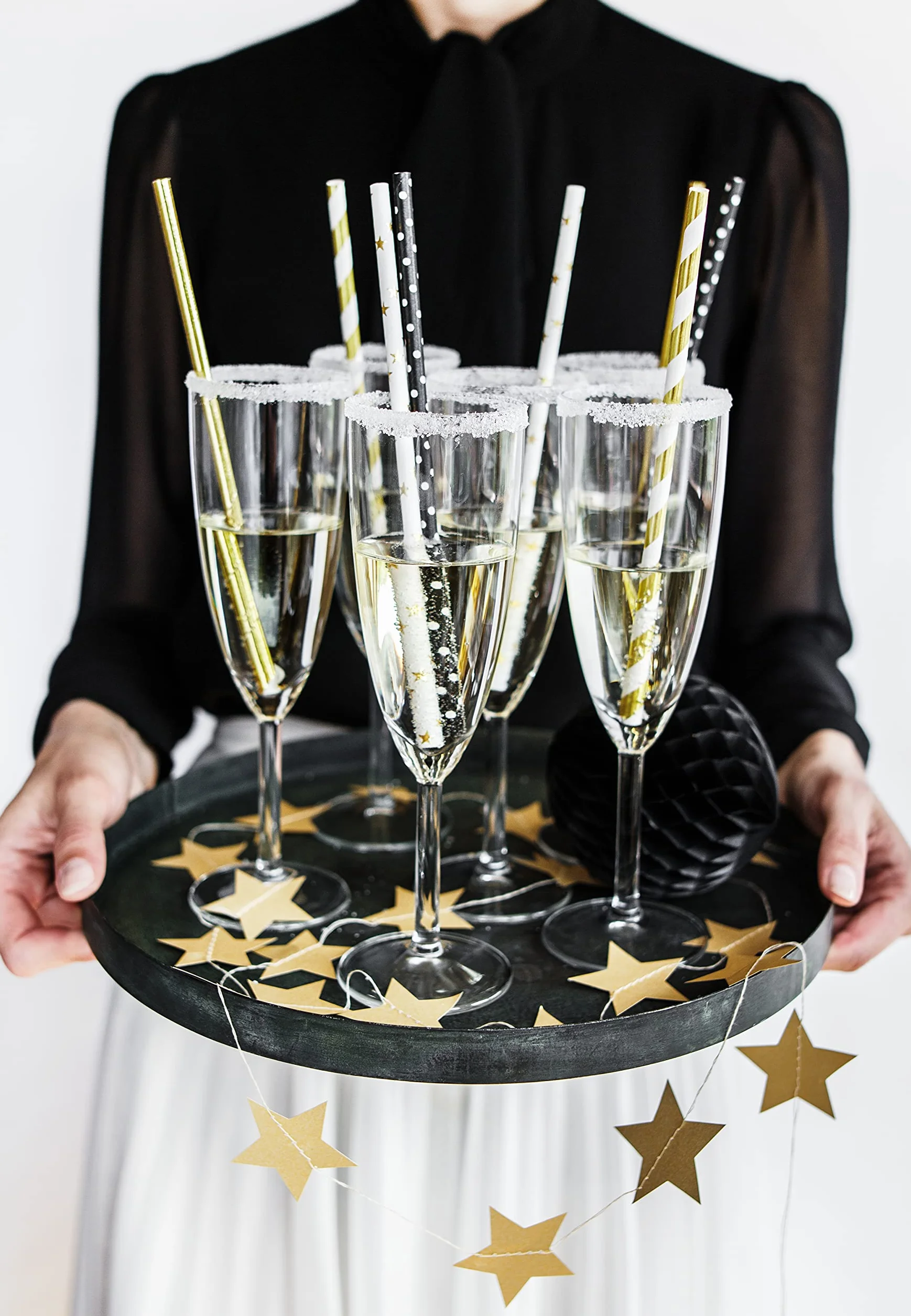PartyDeco Słomki Papierowe Złote z Białymi Ukośnymi Paskami- Słomki Dekoracyjne do Napojów Drinków Koktajli- Dekoracja na Urodziny Sylwestra Wieczór Panieński Naczynia Jednorazowe Łyżeczki
