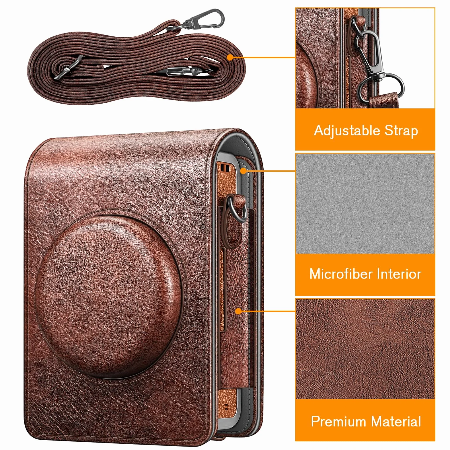 FINTIE etui ochronne Kompatybilny z Fujifilm Instax Mini Evo na aparat fotograficzny, wysokiej jakości wegańska skóra z odpinanym regulowanym paskiem, Brązowy vintage