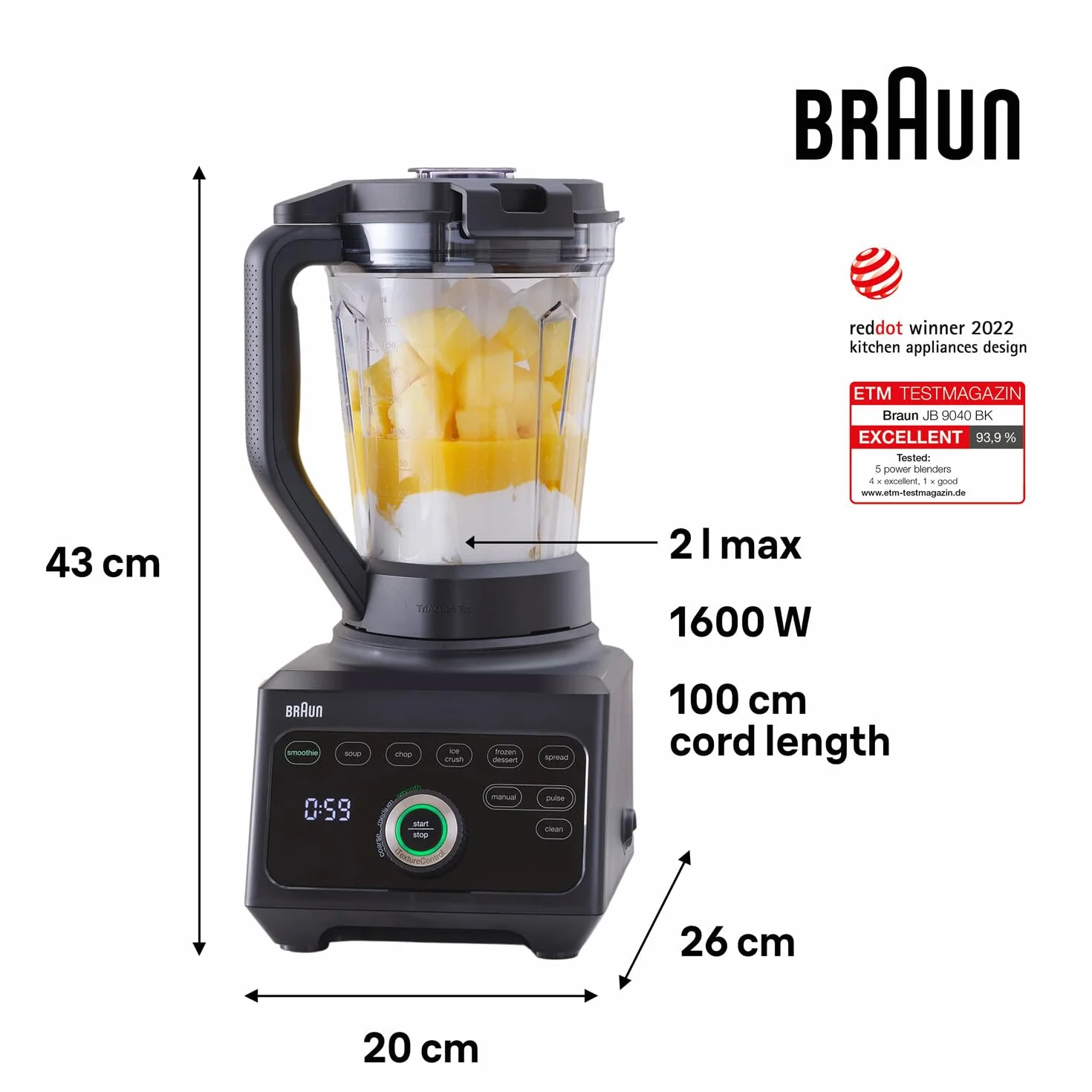 Braun JB9040BK Blender TriForce Power Blender JB 9040 z ekskluzywną trójkątną dzbanka, 10 ręcznych ustawień prędkości plus puls, Silnik 1600 W, łatwy do czyszczenia, czarny