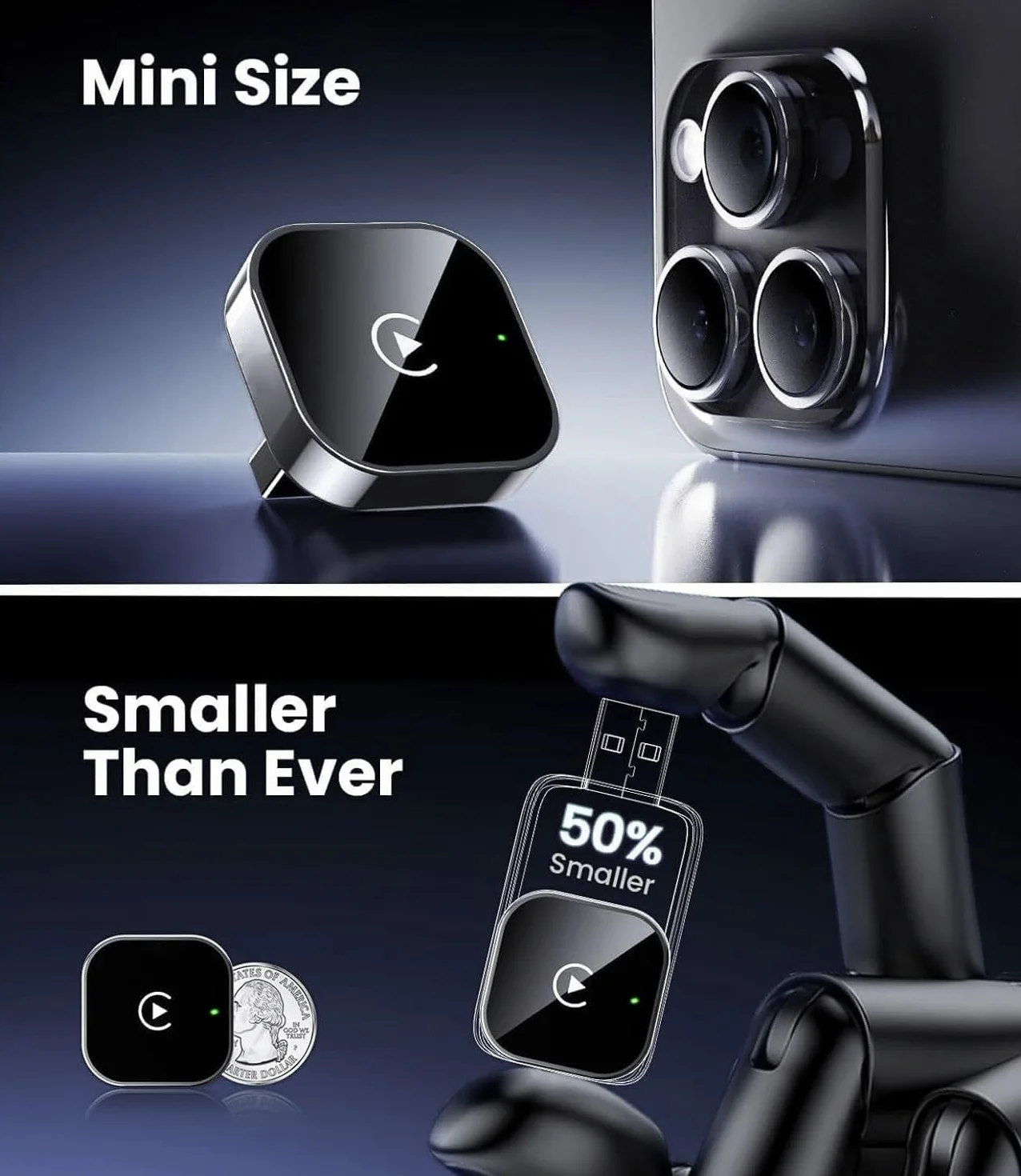 Adapter CarPlay Wireless 2025, aktualizacja OTA, pasuje do samochodów z 2016 i nowszych z CarPlay, współpracuje z iPhone iOS 11+ i Android Auto, Mini i Stable, automatyczne ponowne łączenie.