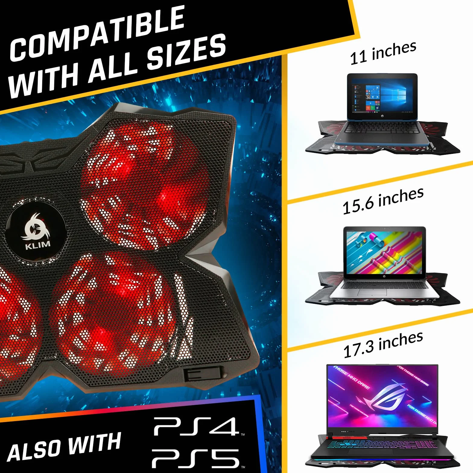 KLIM Wentylator chłodzący do laptopa – ponad 500 000 sprzedanych jednostek – nowość 2024 – wydajna – szybki proces chłodzenia – 4 wentylatory PC Notebook PS4 wentylowany stojak na laptopa – czarny