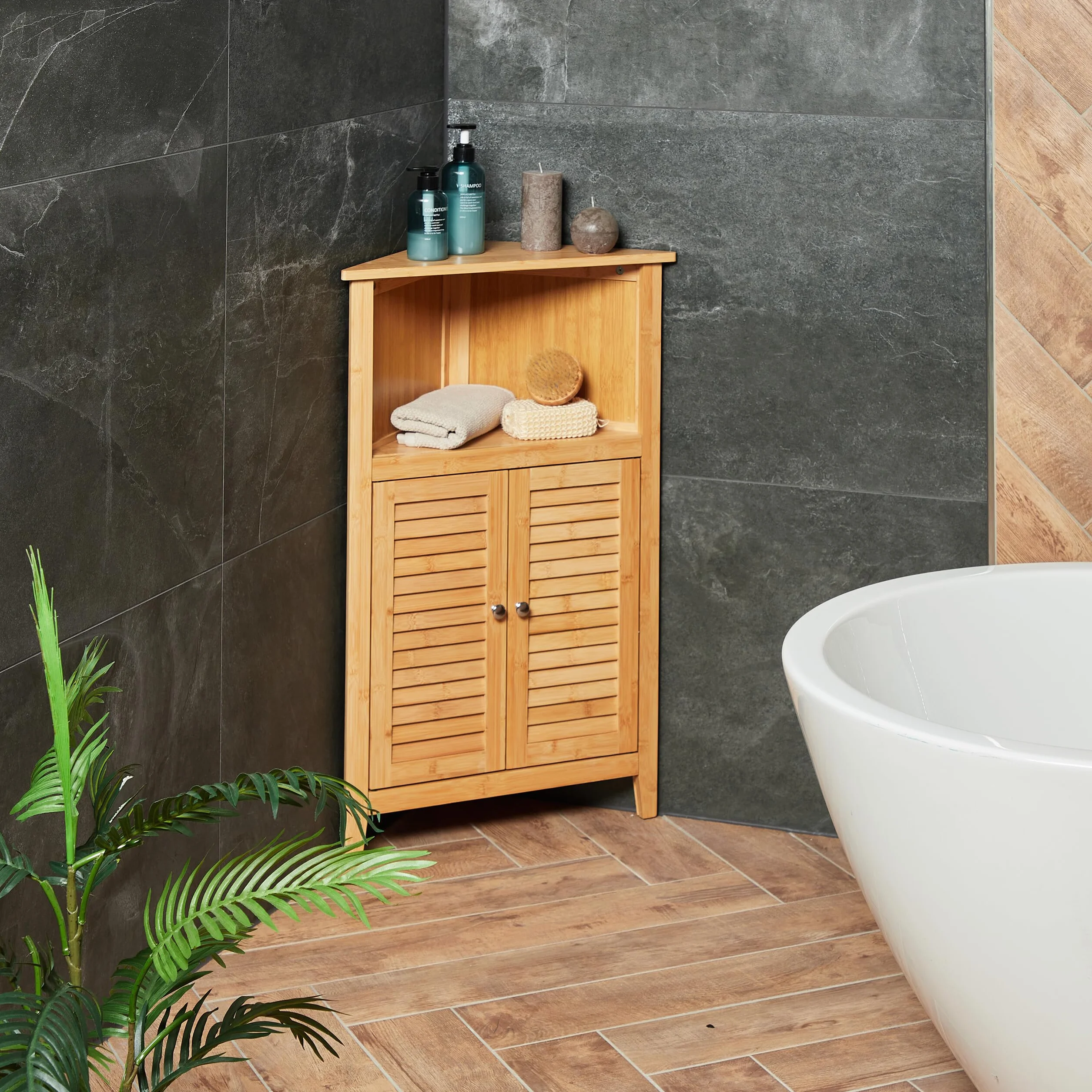 Relaxdays Szafka narożna bambus 92x58x30 cm 2 drzwi lameliowe komoda łazienkowa kuchenna naturalna