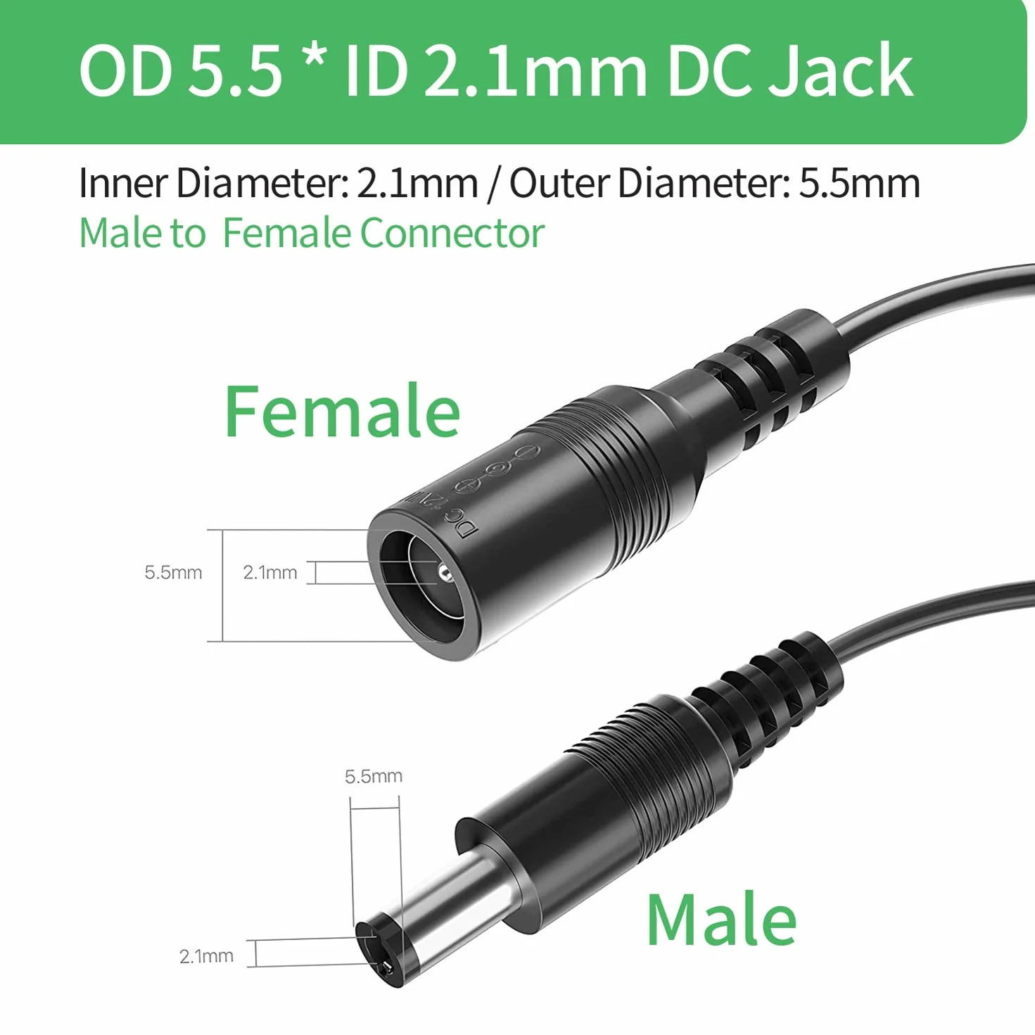 2-pak 5 m DC Power przedłużacz, wtyczka 5,5 mm x 2,1 mm, obsługuje DC 5 V, 6 V, 9 V, 12 V, 24 V, do kamer bezpieczeństwa, DVR, routerów, drukarek, taśm LED, czarny