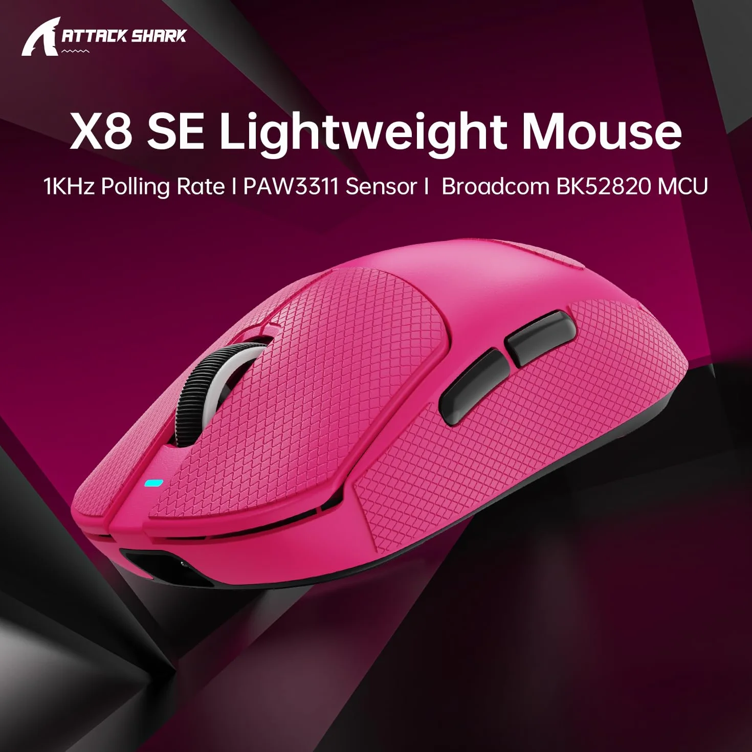 ATTACK SHARK X8SE Mouse with Grip Tape for Large Hand, 55g SUPERLIGHT, PixArt PAW3311 Gaming Sensor, BT/2.4G Wireless/Wired, Adjustable DPI up to 25000, 500mAh Battery (Berry Red)
