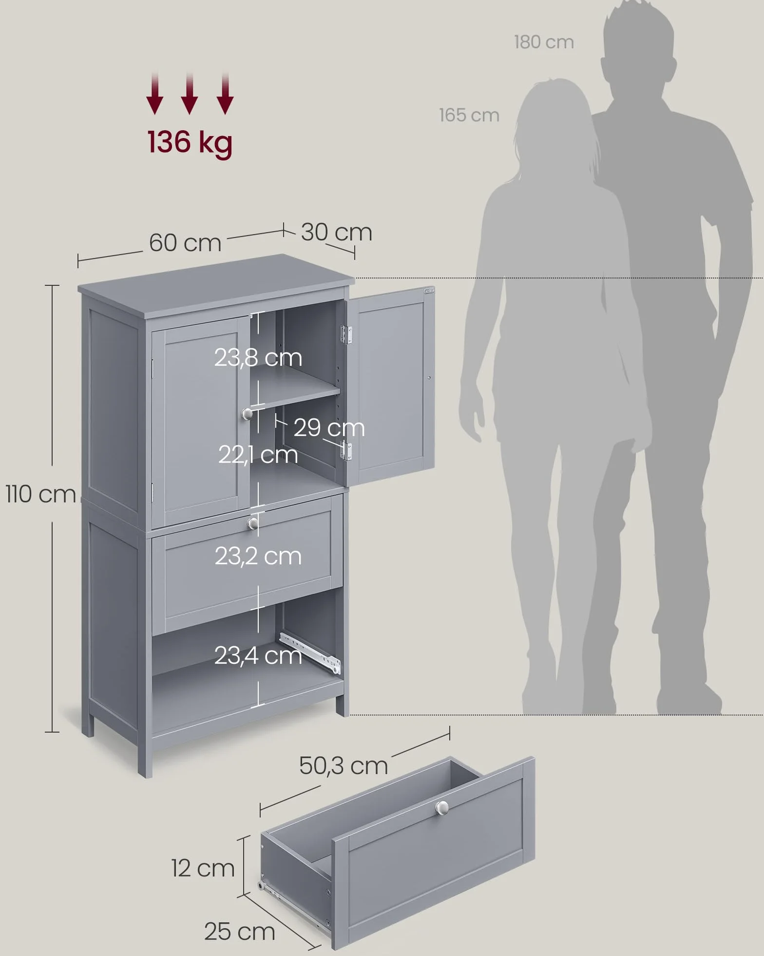 VASAGLE Szafka łazienkowa 2 drzwi 2 szuflady Regulowana półka 30x60x110 cm Gołębia szarość BBC551G02