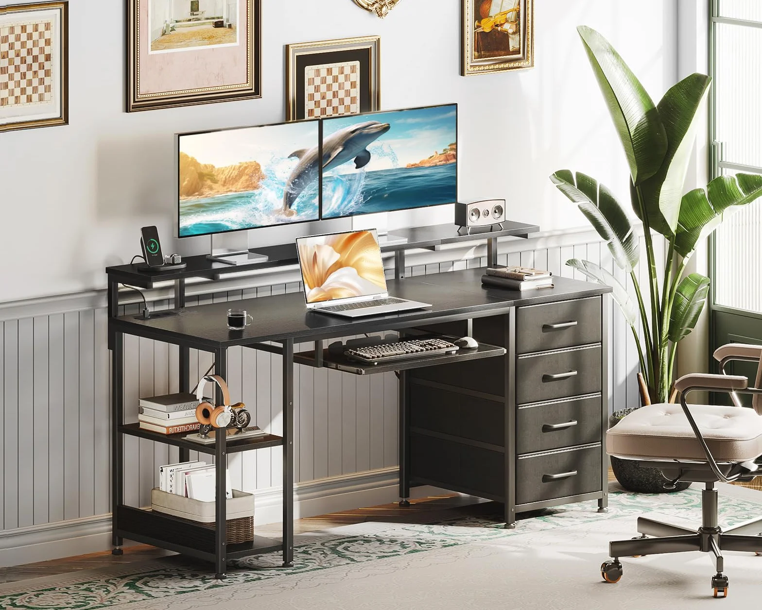 ODK Nowoczesne czarne biurko 140 x 52 x 92 cm, stół konferencyjny z 4 szufladami, port ładowania USB i gniazdo, do domowego biura