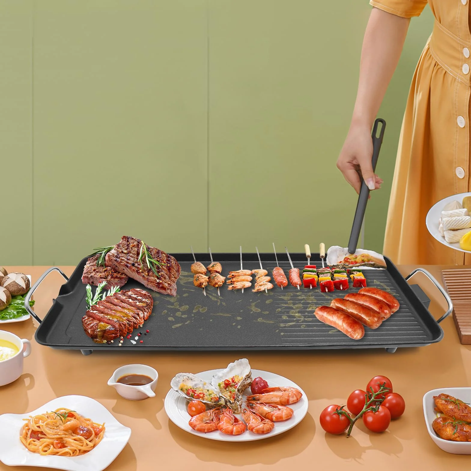 Grill elektryczny o mocy 1500 W, żeliwna płyta grillowa 68 x 28 x 7 cm, płaska patelnia grillowa z powłoką zapobiegającą przywieraniu, nadaje się do użytku na zewnątrz, do ogrodu, na piknik i kemping