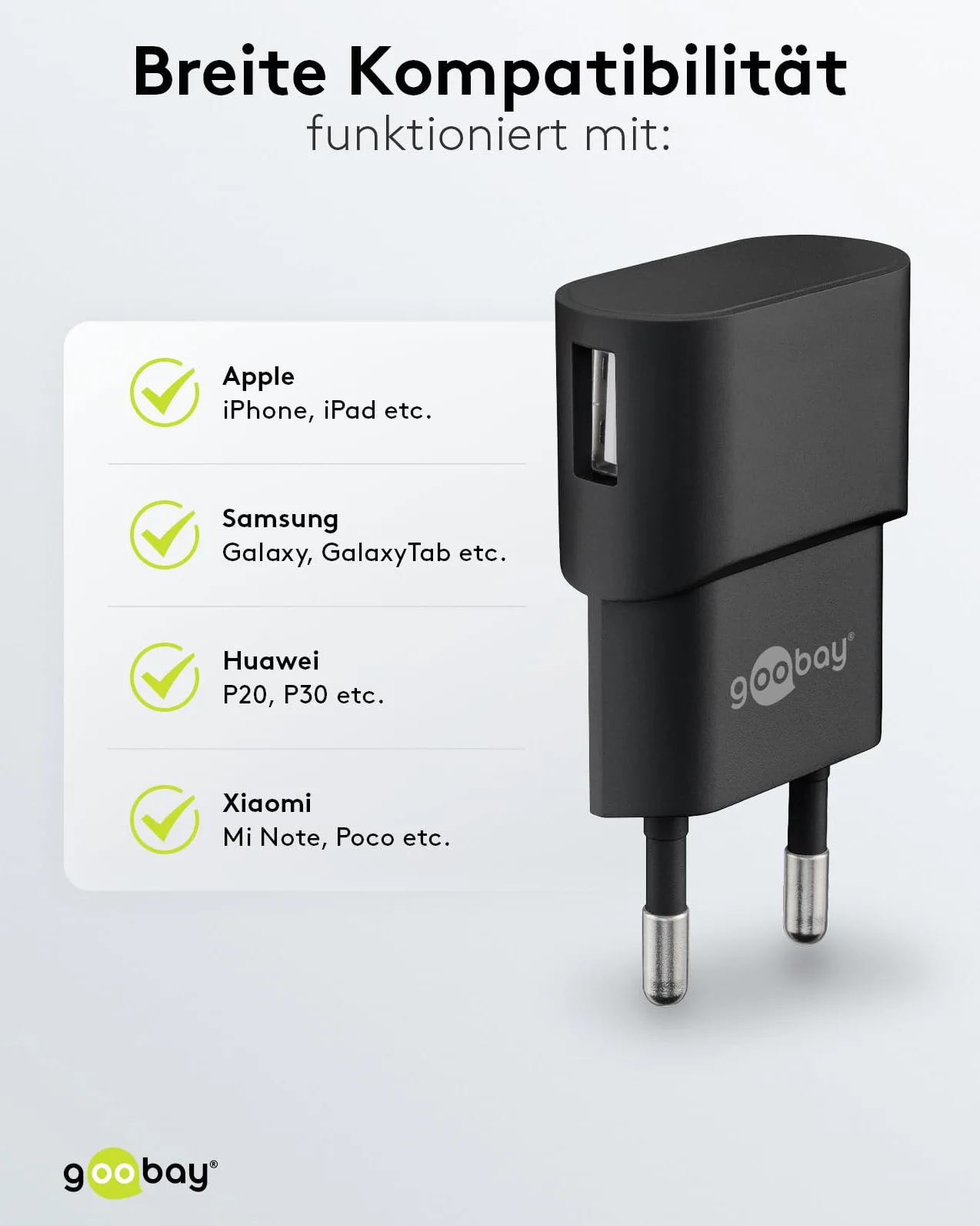 goobay 44947 ładowarka USB 5 W, kompaktowy zasilacz sieciowy z 1 A, pojedynczy adapter USB-A, idealna do ładowania iPhone’a, słuchawek i smartwatcha, czarna