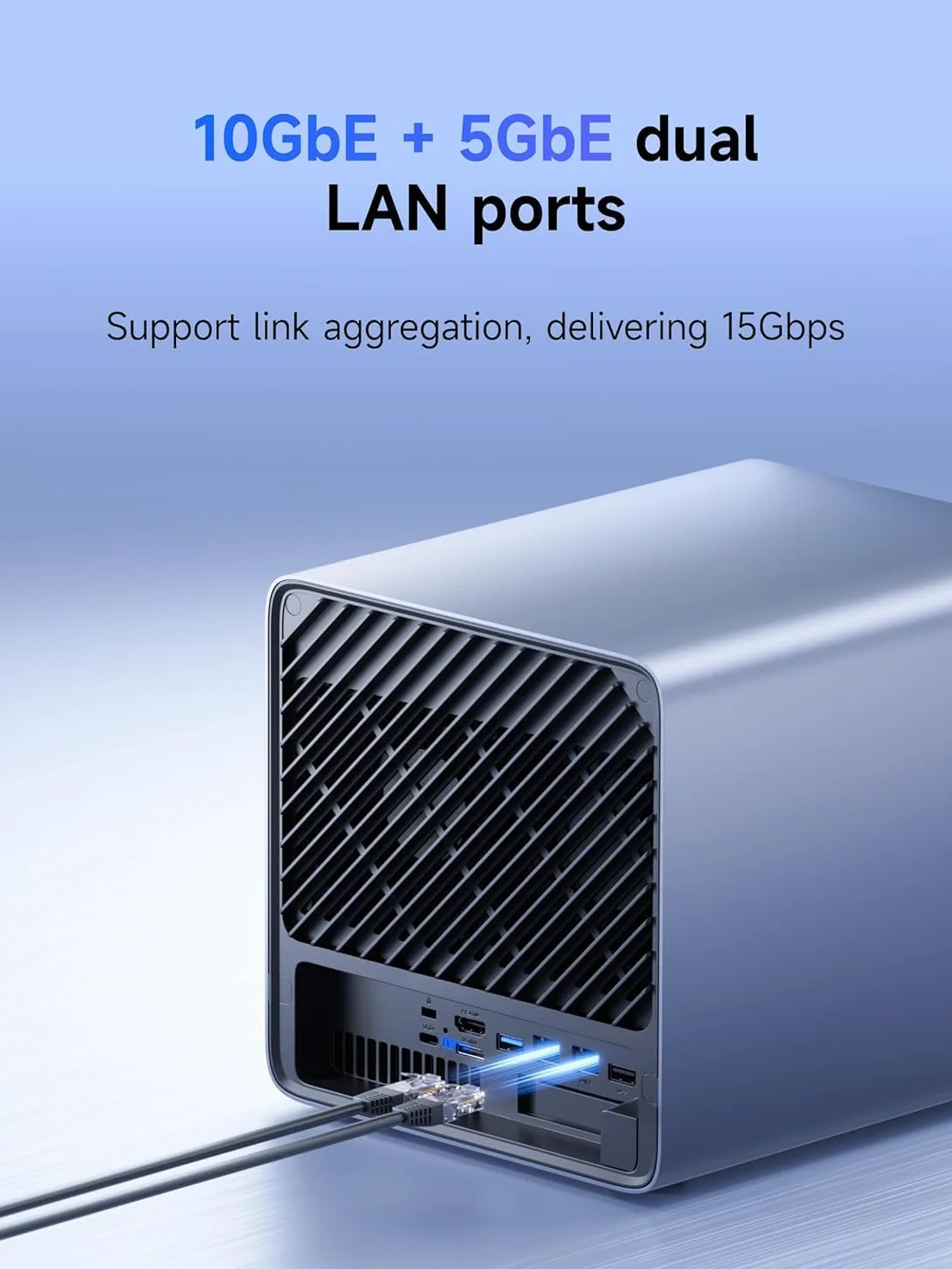 MINISFORUM N5 Air 5-Bay Desktop NAS, AMD Ryzen 7 255, procesor 8C/16T, Radeon 780M, 64GB SSD, 3 × M.2 NVMe, 10 GbE + 5 GbE, porty OCuLink i USB4, gniazdo rozszerzeń PCIe x16 (bez HDD)