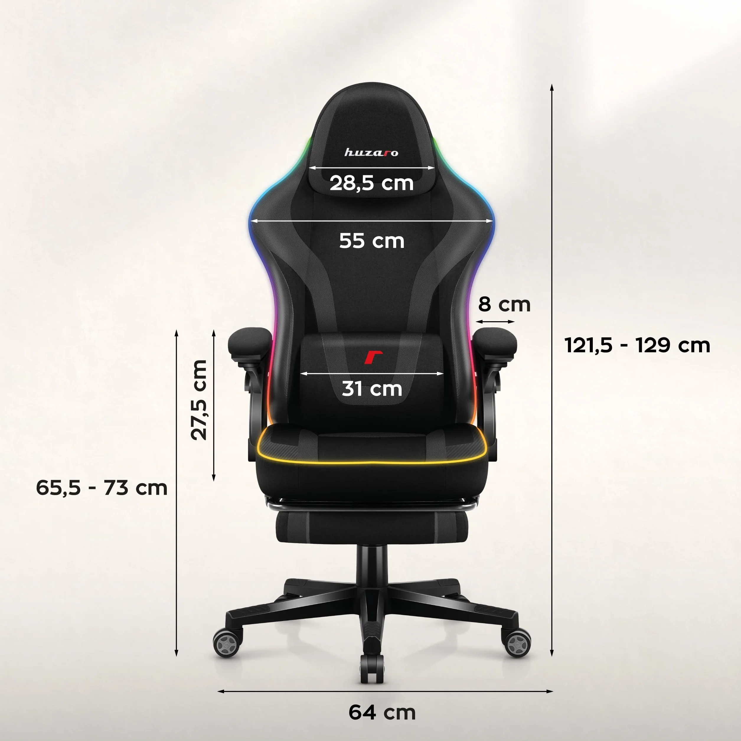 huzaro Force 4.6 RGB Black Mesh krzesło gamingowe LED, ergonomiczne, synchronizacja muzyki, podnóżek, funkcja przechylania, regulowany zagłówek, obciążenie 130 kg, materiał, kolor czarny