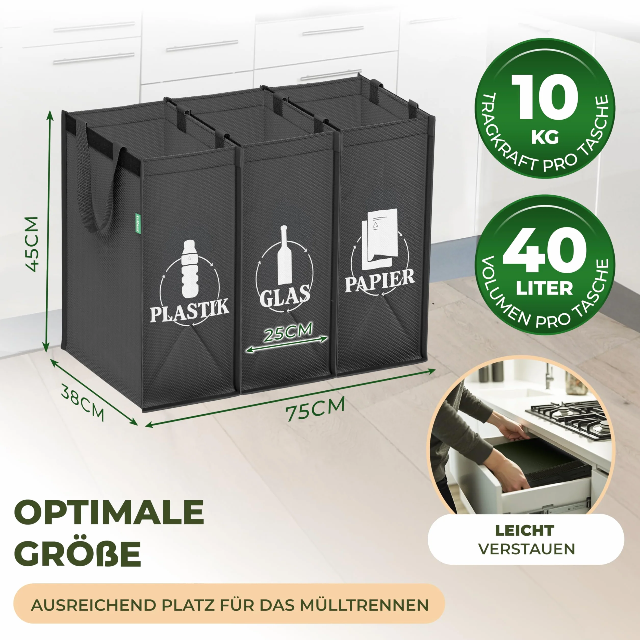 COTTARA 3-krotny system segregacji śmieci plastik szkło papier stabilna podstawa