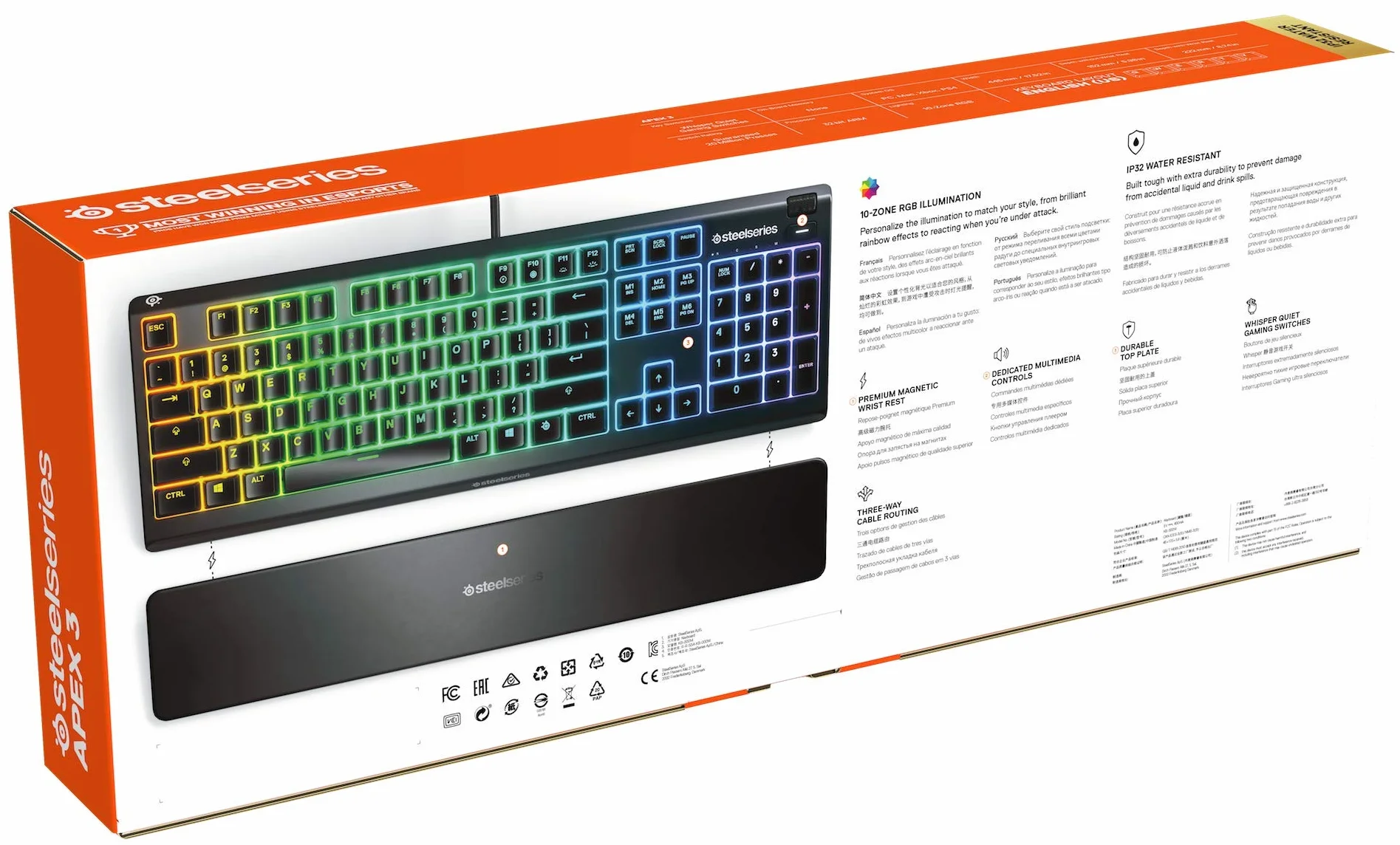 SteelSeries Apex 3 klawiatura do gier RGB 10-strefowe podświetlenie magnetyczna podpórka pod nadgarstki Premium amerykański układ QWERTY czarna
