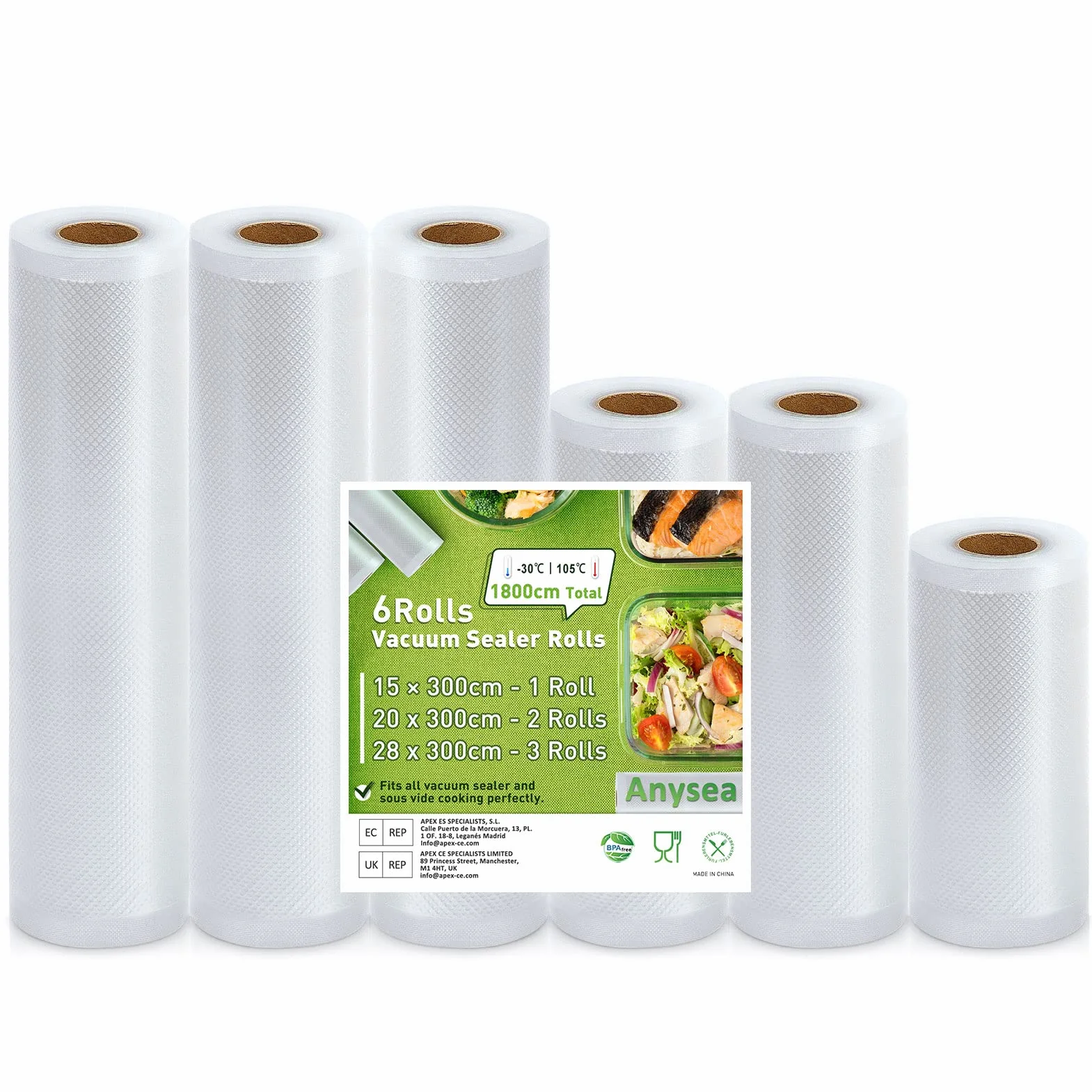 Worki do zgrzewarki próżniowej: Anysea 6 rolek 15|20x2|28x3| x300 cm| Nie zawierają BPA | Wytrzymałe tłoczenie | Worki na żywność uszczelniające próżniowo, rolki do zgrzewarki próżniowej