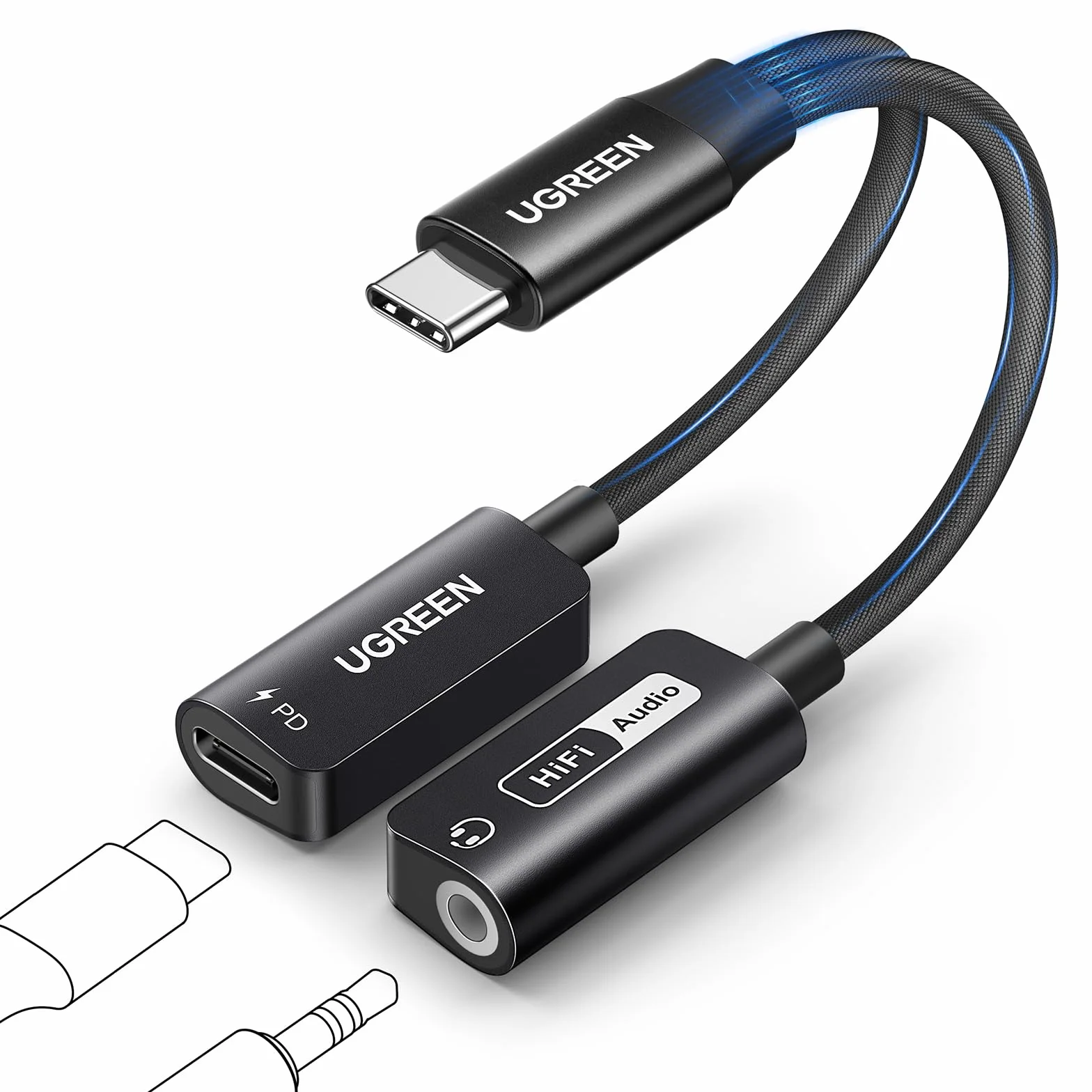 UGREEN USB C na Jack 3,5 mm Adapter z szybkim ładowaniem PD 60 W, magnetyczną kartą dźwiękową USB do iPhone'a 15, laptopa i zestawu słuchawkowego (standard CTIA/OMTP) itp.