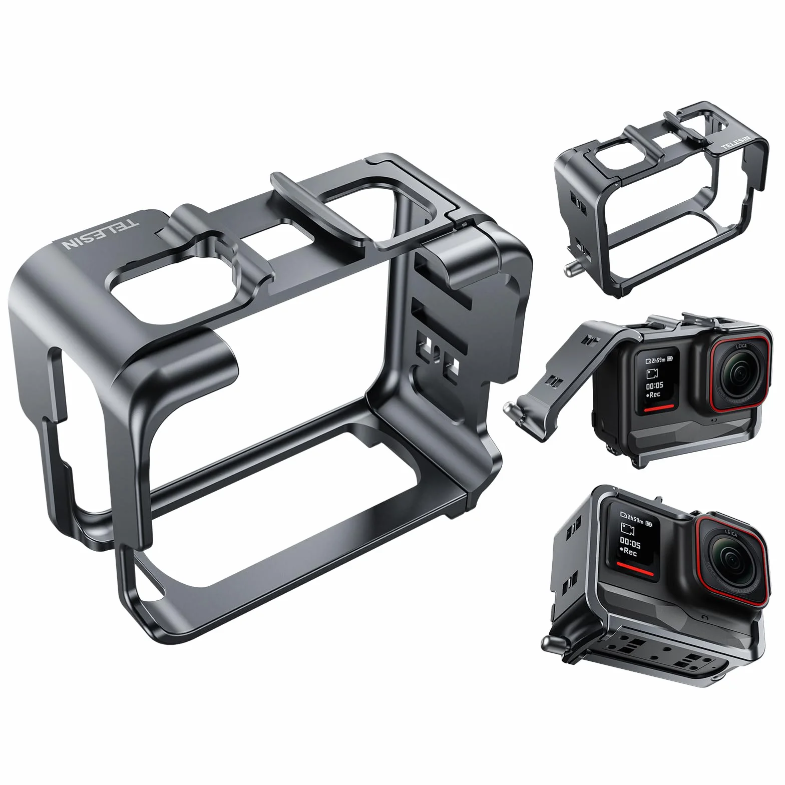 TELESIN Pionowa pozioma aluminiowa obudowa metalowa klatka do Insta360 Ace i Insta 360 Ace Pro akcesoria do statywu, obudowa ramy ochronnej, tuleja szkieletowa z zimnym butem 1/4 do mikrofonu