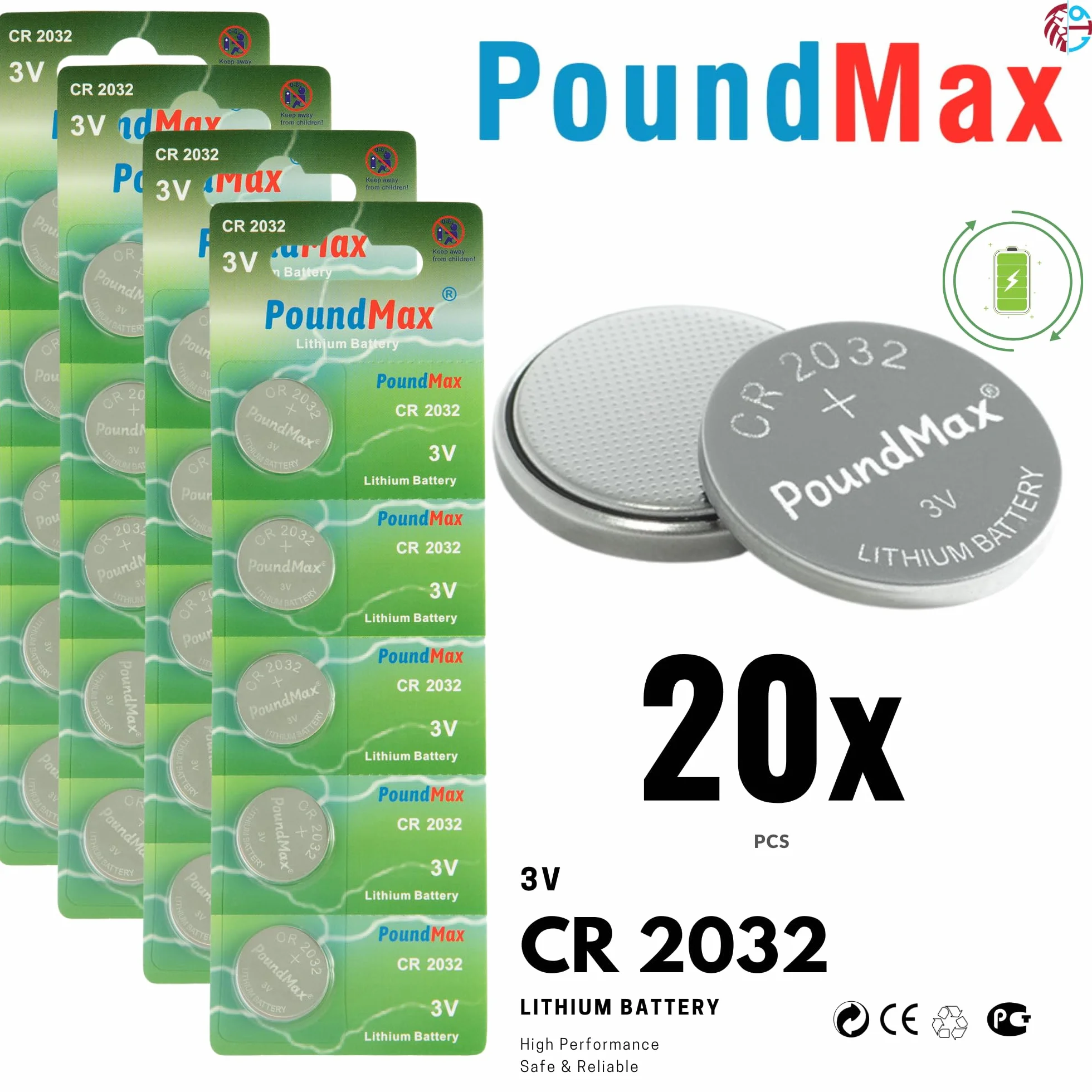 20 x PoundMax 2032 CR2032 DL2032 ECR2032 3V baterie litowe