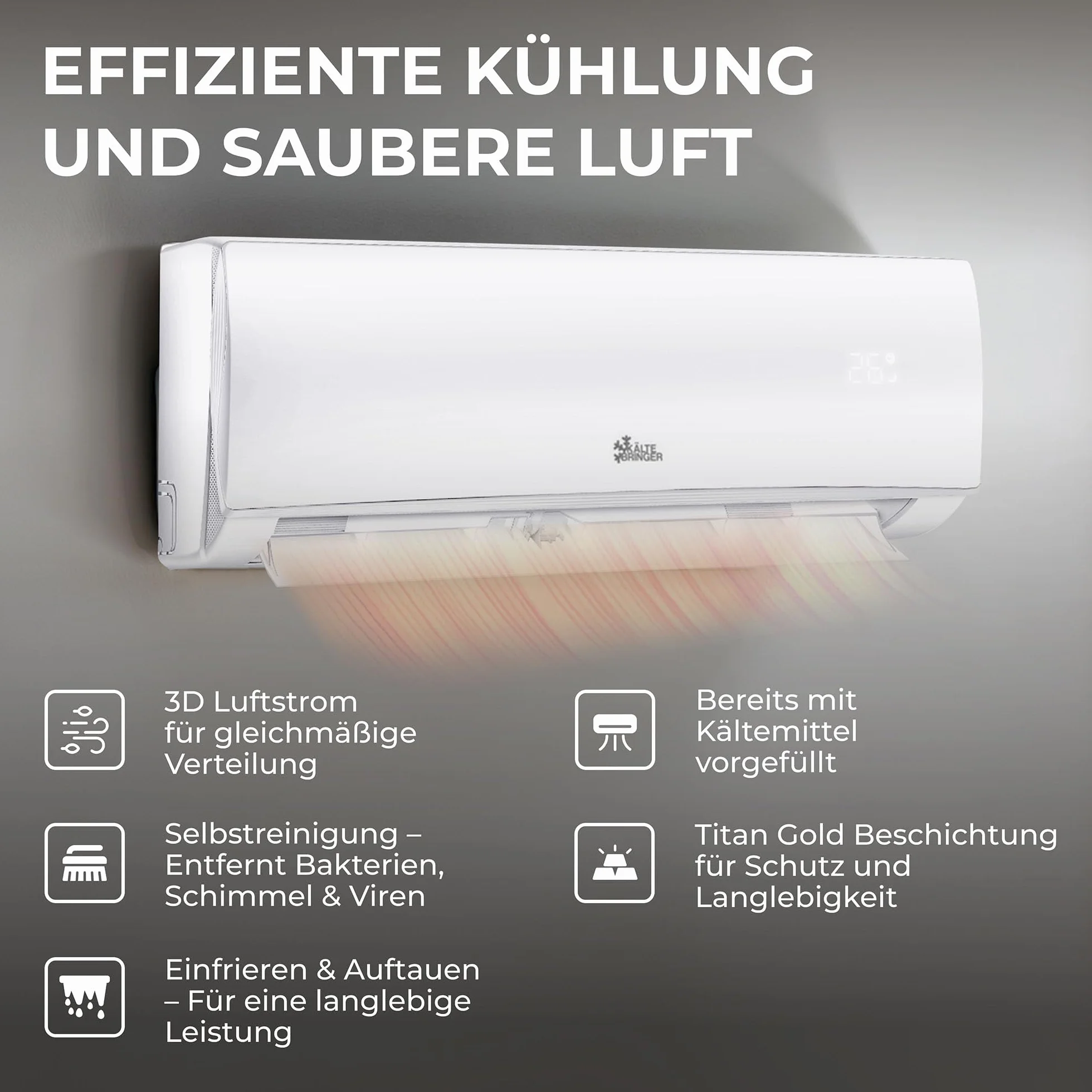 Kältebringer Klimatyzator typu Split – 12000 BTU – inwerterowy klimatyzator z funkcją ogrzewania, WiFi i aplikacją – do 55 m² – bardzo cichy – kompletny zestaw, przewód miedziany 5 m, czynnik