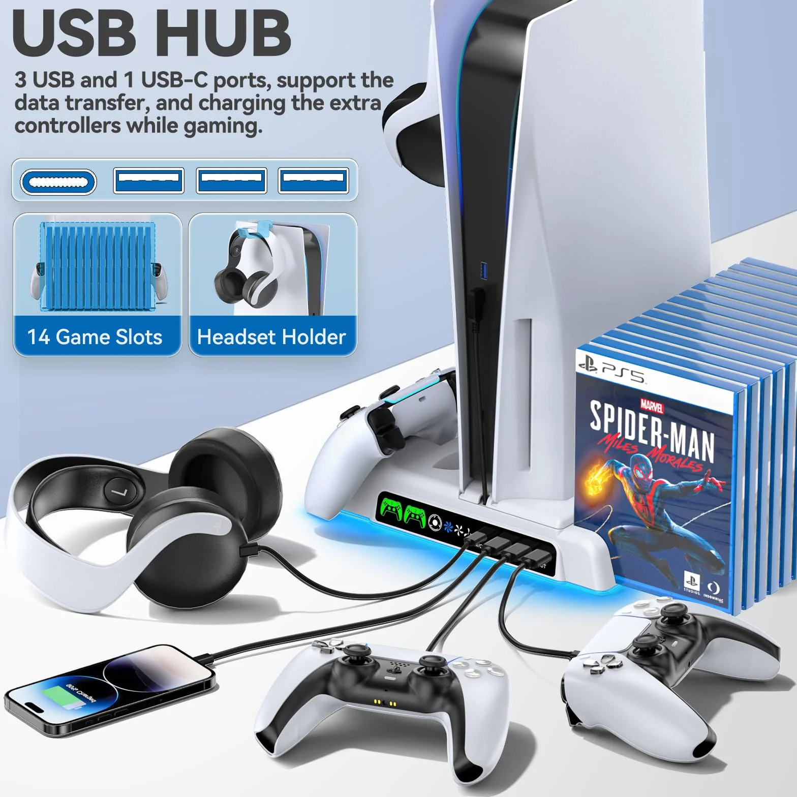 OIVO Stojak PS5 z wentylatorem o 3 prędkościach, ładowarka kontrolera PS5 ze wskaźnikiem RGB, pionowy stojak PS5 z 3 portami USB i 14 gniazdami na gry dla konsoli PS5