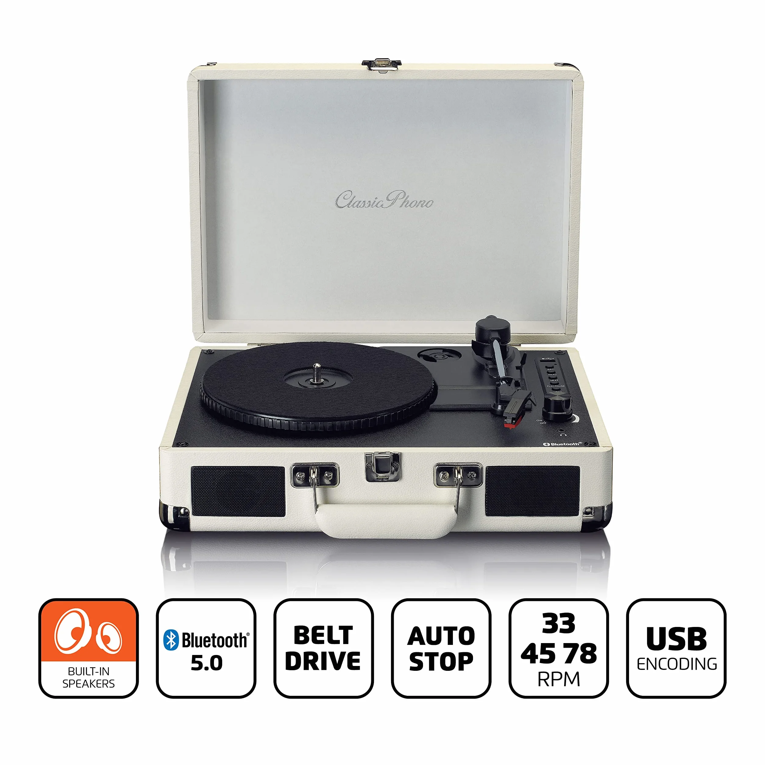 Lenco Gramofon Classic Phono TT-115 - gramofon - Bluetooth - USB - 3 prędkości - bezpośrednie nagrywanie na USB bez komputera - napęd pasowy - kremowy