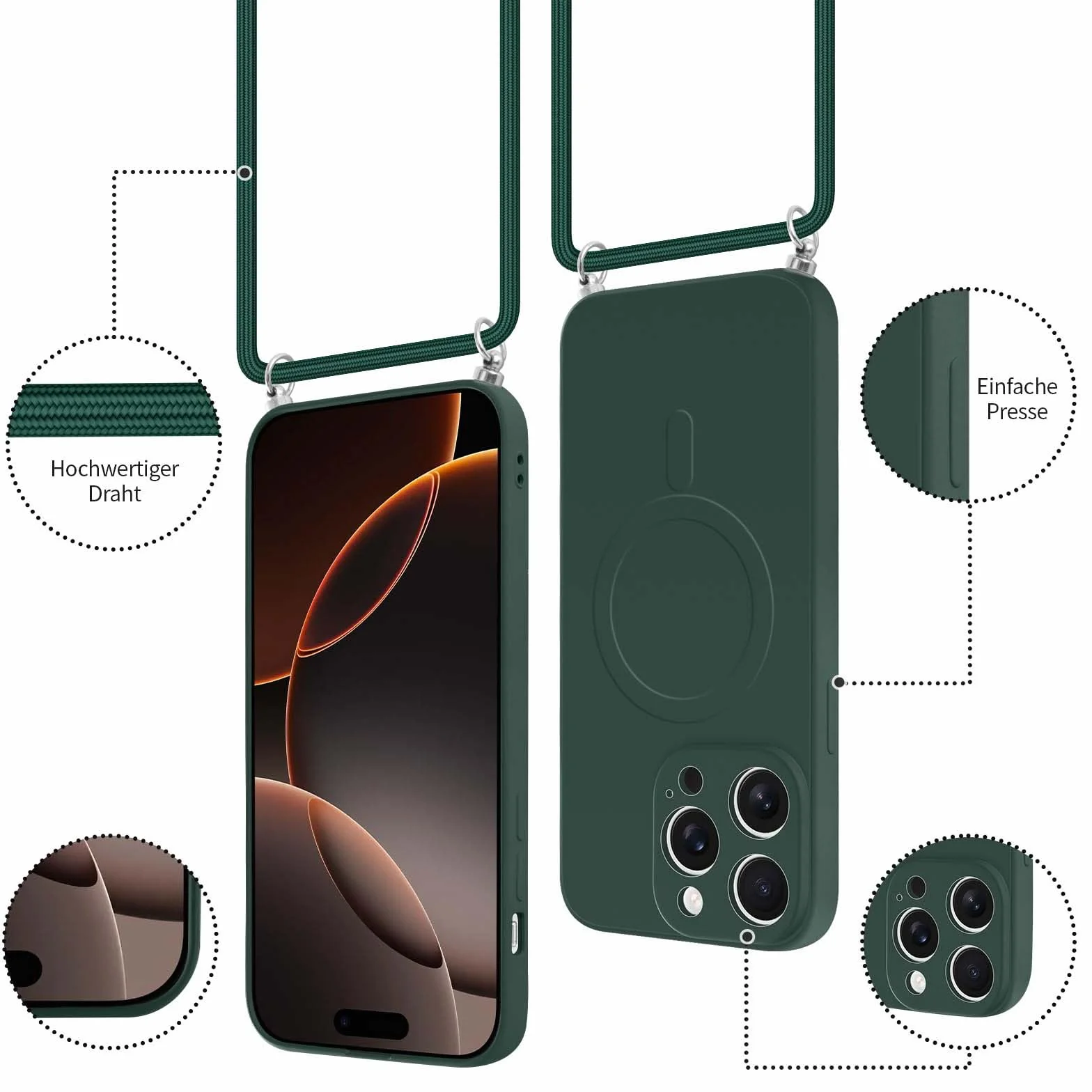 Coiwxmoi Magnetyczne etui do iPhone 16 Pro ze sznurkiem na kołnierz, etui kompatybilne z MagSafe, etui z płynnym silikonem z regulowaną smyczą, zielone
