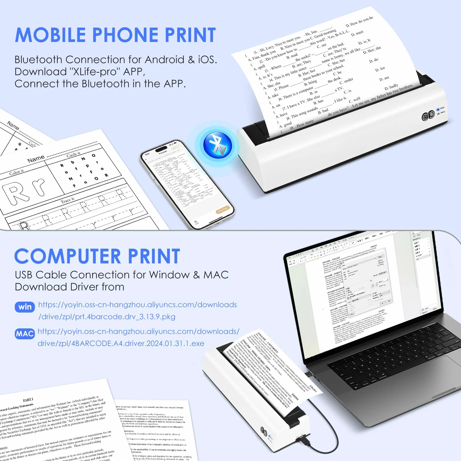 GuKKK Mobilna drukarka A4 do podróży - bezprzewodowa, Bluetooth, termiczna, obsługuje papier 210 x 297 mm, kompatybilny z iOS i Android (B)