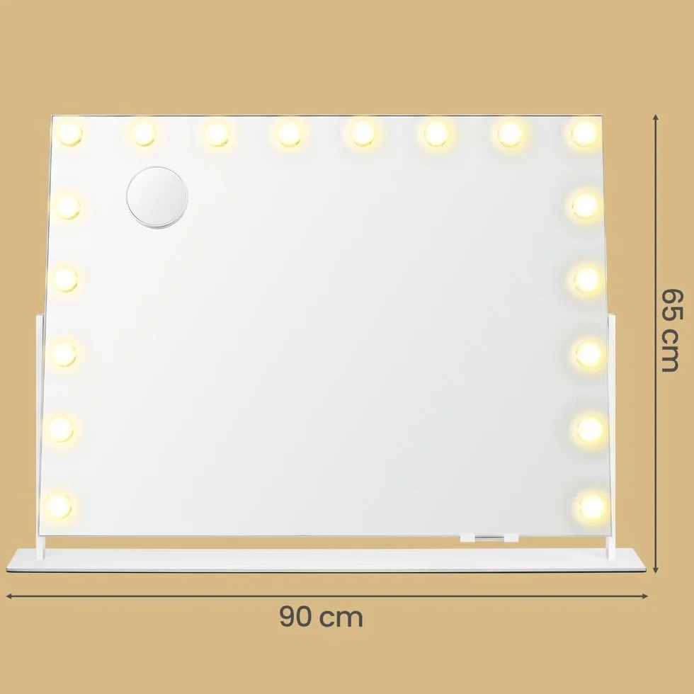 SONGMICS LWM003WC02 lusterko kosmetyczne z 18 żarówkami LED, z portami ładowania, sterowanie dotykowe, 3 kolory światła, możliwość ściemniania, uchwyt na telefon komórkowy, 80 x 60 cm, matowa biel