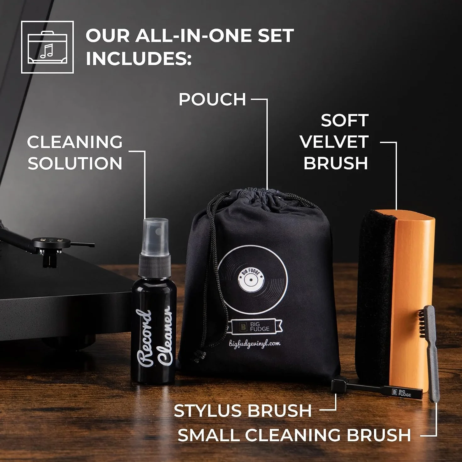 BIG FUDGE Professional Series Vinyl Record Cleaning Kit - 5-in-1- Includes Velvet Vinyl Cleaner Brush, Cleaning Fluid, Stylus Gel, Brush for Velvet, Padded Storage Case