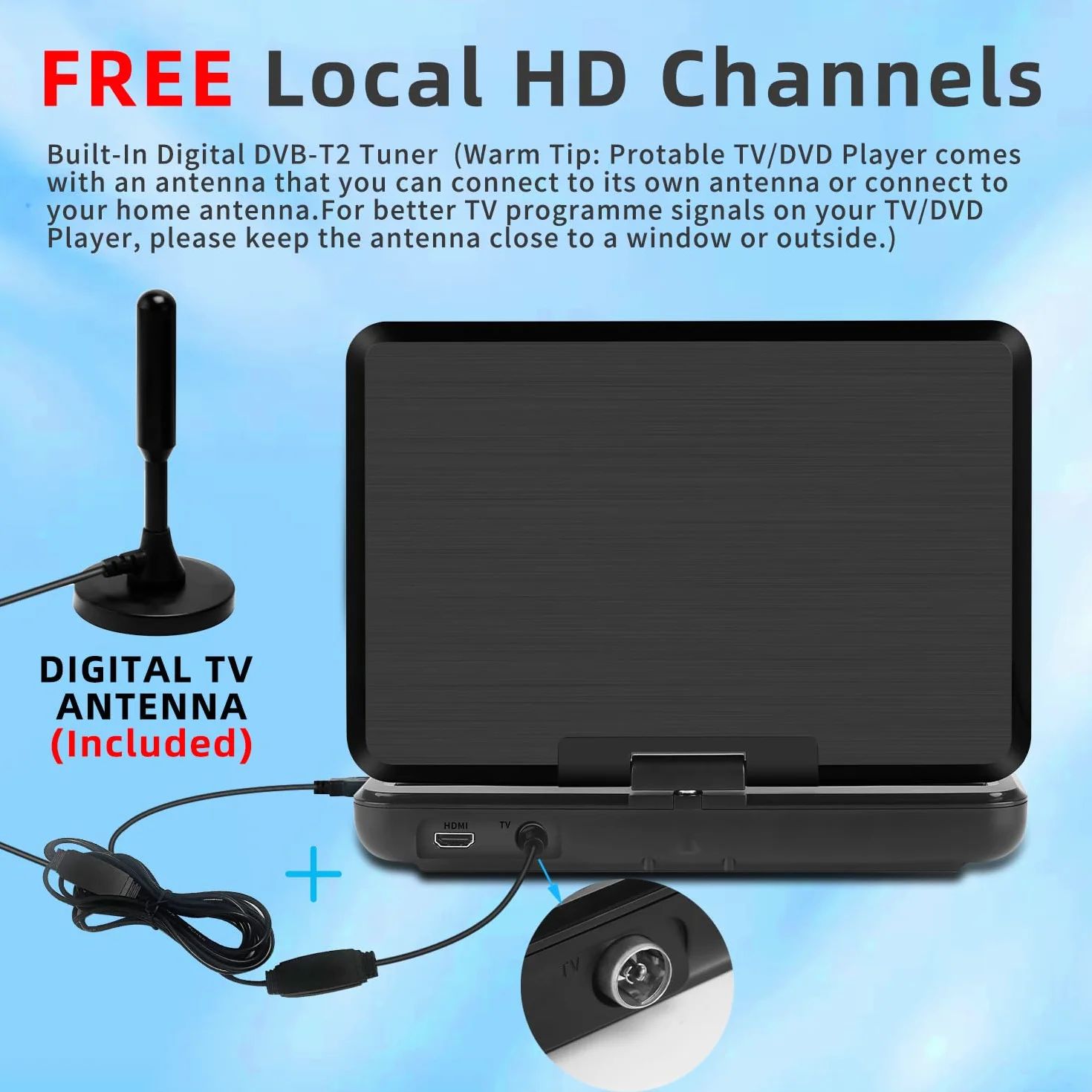 KCR Przenośny odtwarzacz DVD 10,1 cala, wbudowany telewizor DVB-T2 z obrotowym wyświetlaczem LED/USB/HDMI/AV, akumulatorem i dwoma głośnikami
