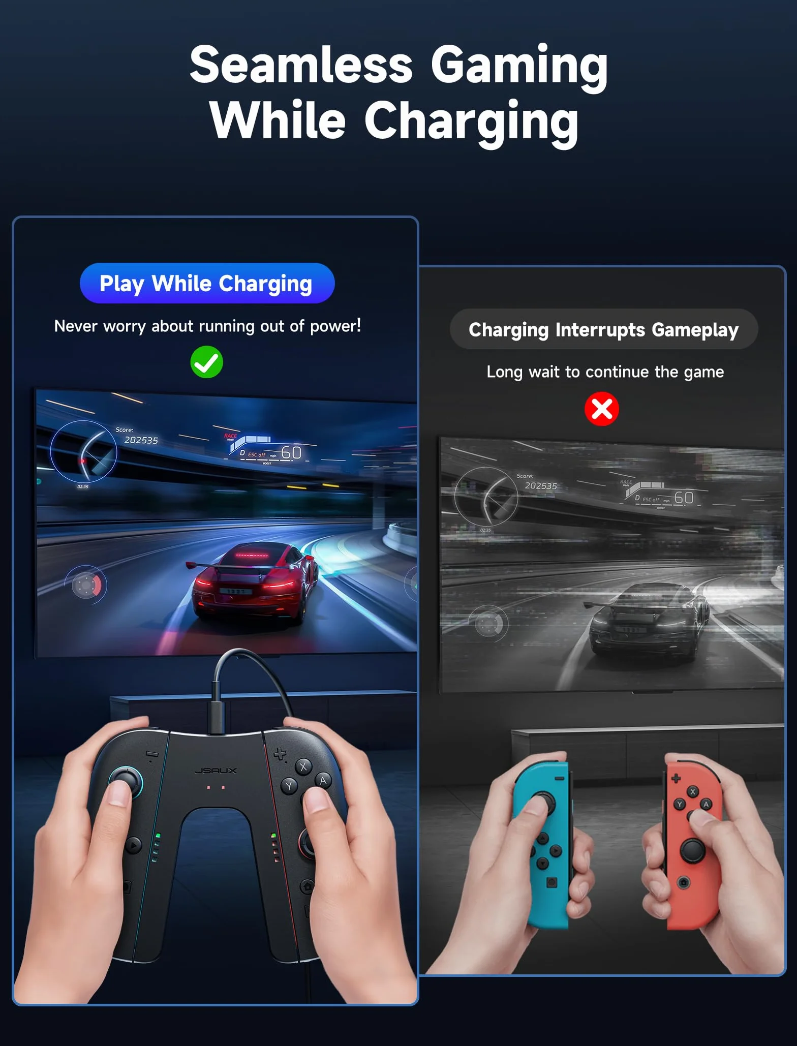 JSAUX Uchwyt ładujący do Switch 2, kontroler z magnetycznym uchwytem kompatybilny z JoyPad Switch 2, graj podczas ładowania ze wskaźnikiem LED i kablem ładującym 1,5 m – czarny