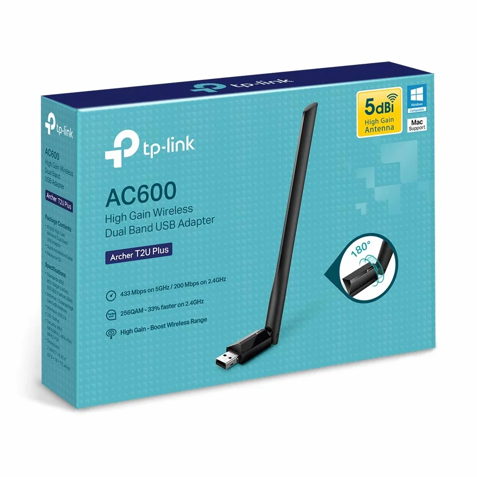 TP-Link Archer T2U Plus – Adapter WiFi USB, Podwójne Pasmo AC600, 2,4 GHz 150 Mb/s + 5 GHz 433 Mb/s, Szyfrowanie WPA3, kompatybilny z Windows 10/8.1/8/7/XP i Mac OS X)