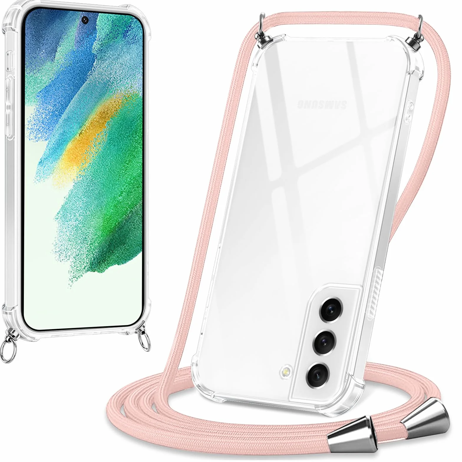Xylota Etui ze smyczą do Samsung Galaxy S21 FE, przezroczyste etui ze smyczą regulowany pasek na ramię łańcuszek na ramię, silikon TPU + PC odporny na wstrząsy odporny na zarysowania futerał ochronny