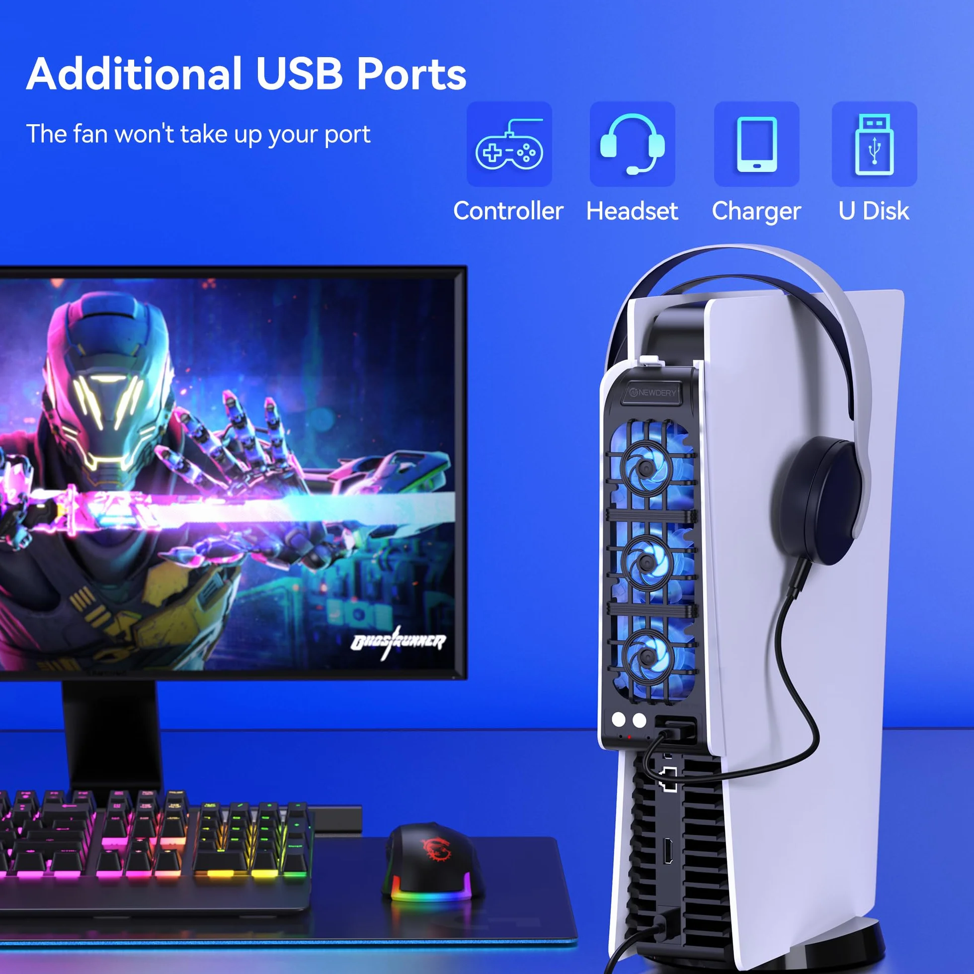 NEWDERY Wentylator do akcesoriów PS5, ulepszony cichy wentylator, automatyczna prędkość obrotowa dostosowana do temperatury, dynamiczne oświetlenie RGB, pasuje do PlayStation 5, nie pasuje do PS5 Slim