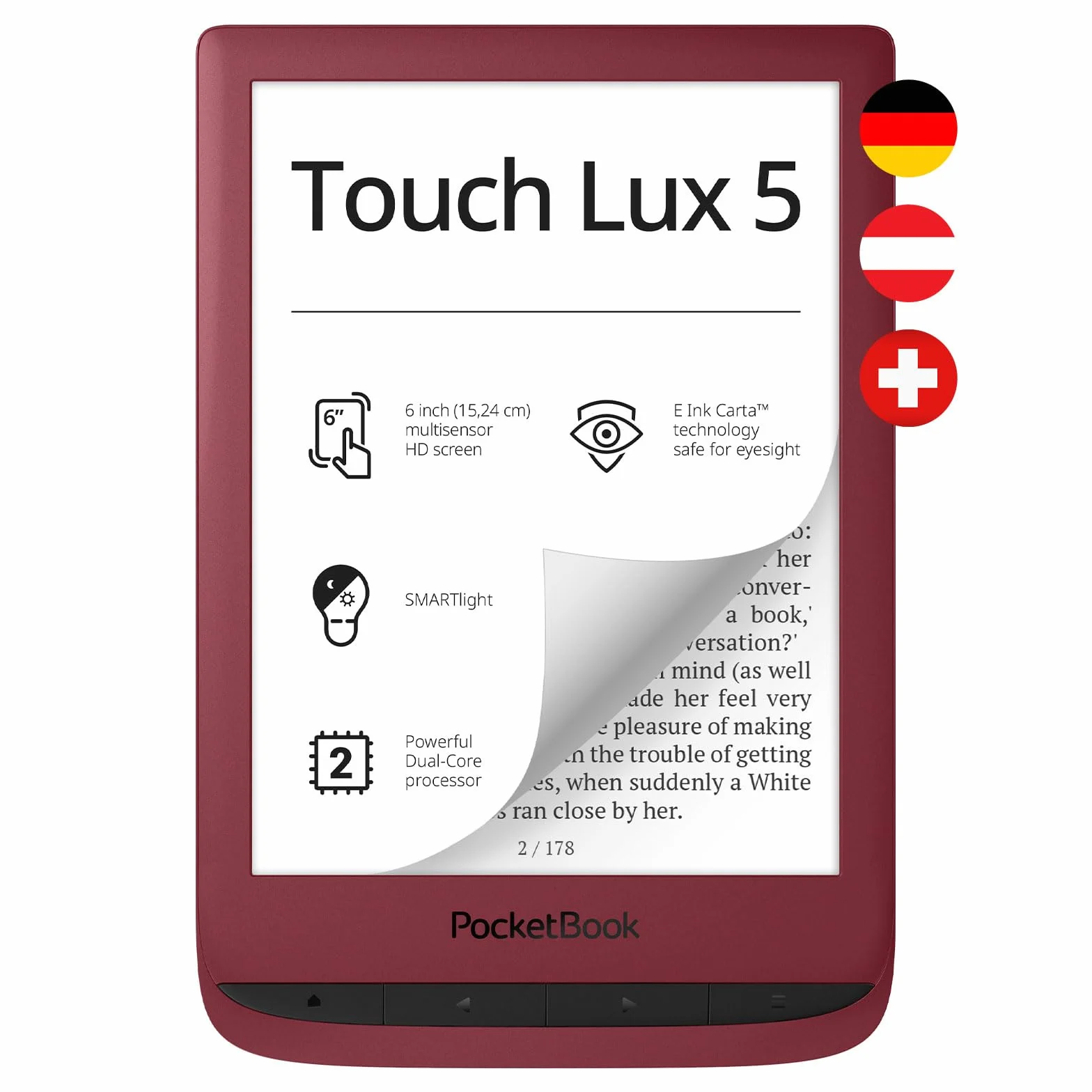 Pocketbook Touch Lux 5 PB628-R-WW 6", Czytnik E-booków, Rubyred