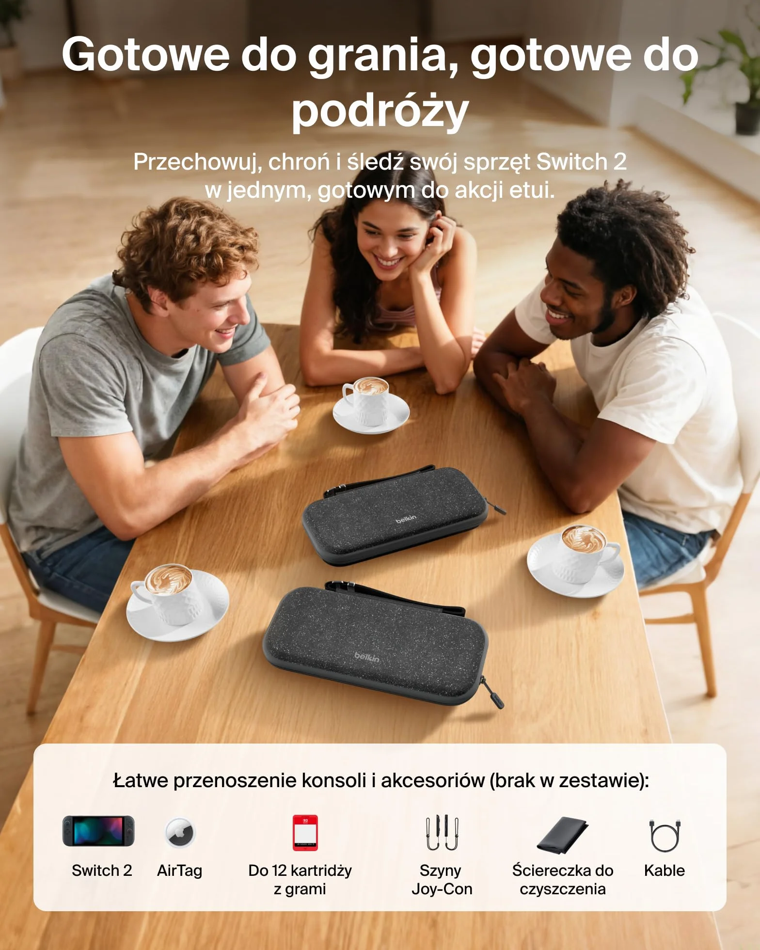 Etui podróżne Belkin Nintendo Switch 2 z uchwytem AirTag i kieszenią na kartridże z grą – lekka, twarda obudowa z miękką wyściółką, podróżowanie podczas grania – antracyt