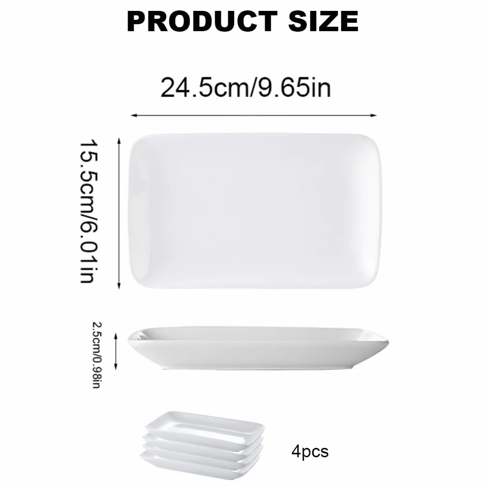 Porcelanowy półmisek do serwowania, zestaw 4 prostokątnych talerzy obiadowych, 24 x 15 x 3 cm, półmisek do serwowania, białe talerze ceramiczne, do bufetu, ciasta, sushi, przystawek | do domu