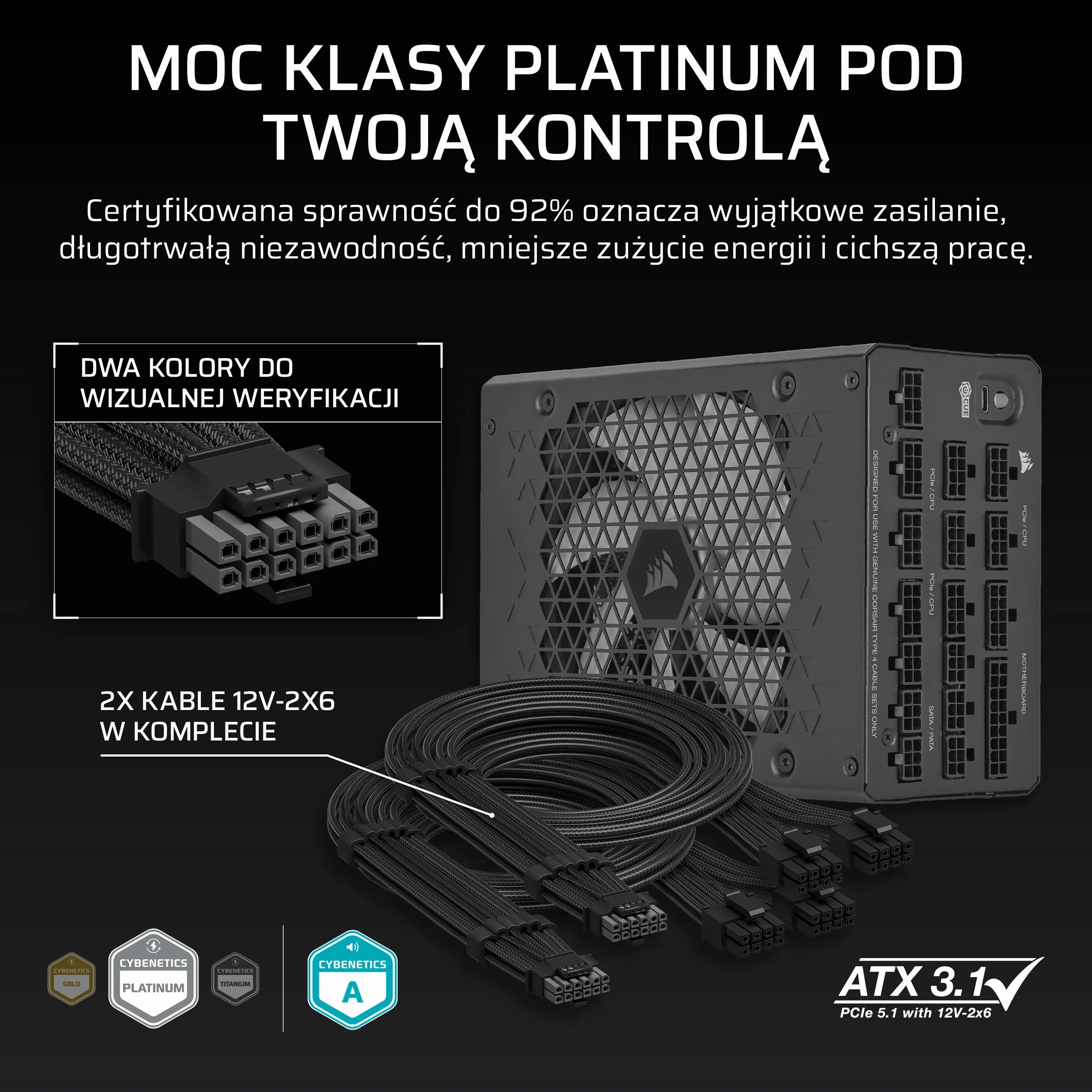 CORSAIR HX1200i (2025) W Pełni Modułowy Cichy Zasilacz ATX Zgodny Z kablem 12V-2x6 – Zgodna z ATX 3.1 i PCIe 5.1, Wydajność Klasy Cybenetics Platinum – Czarny | Z kablem, kompatybilny z ATX 3.1 i PCIe 5.1, wydajność Cybenetics Platinum