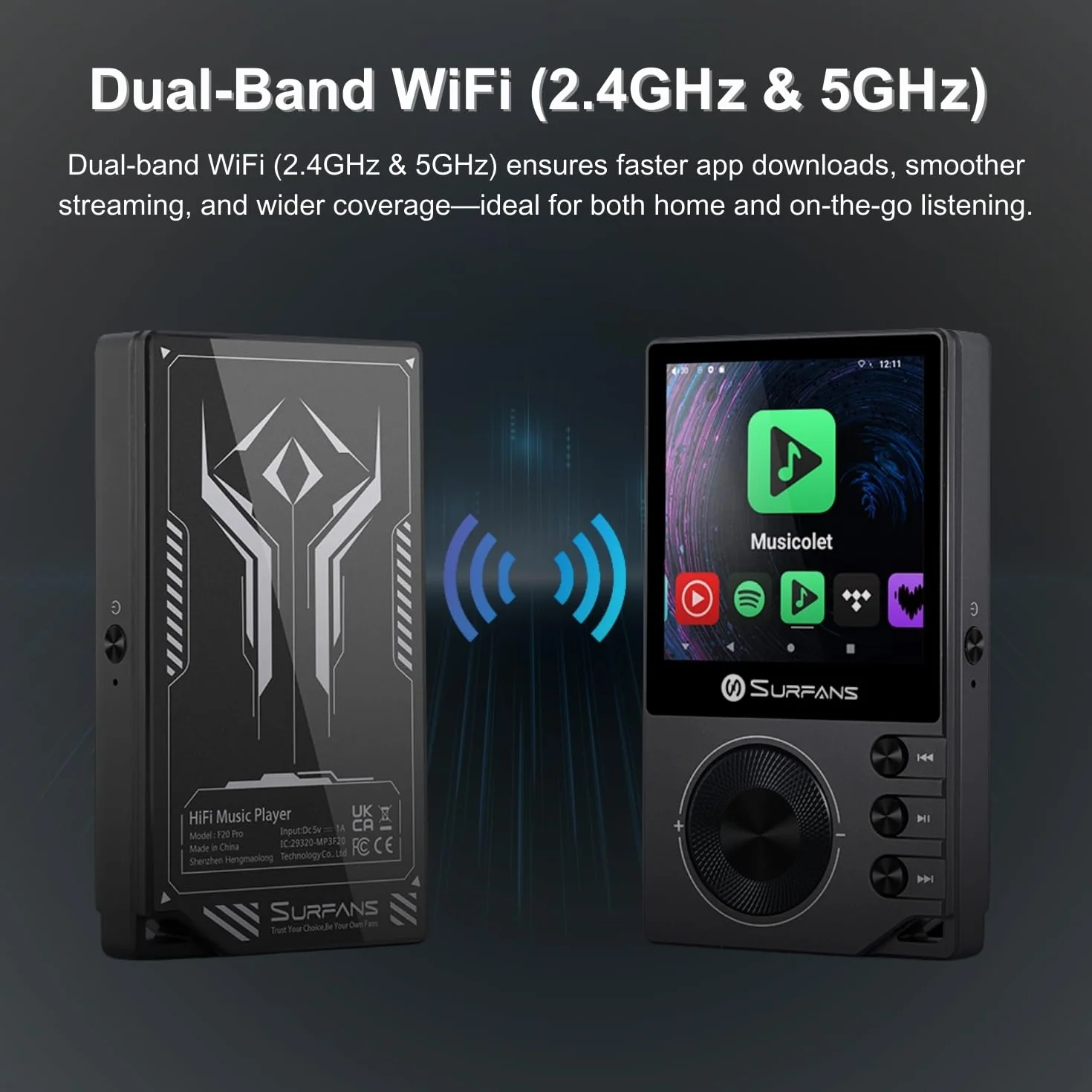 Surfans F20 Pro Android Hi-Res odtwarzacz muzyczny z Dual ESS9018 DAC, DSD512, Spotify & Tidal Support, WLAN i BT LDAC, 4,4 mm Balanced (500 mW), możliwość rozszerzenia do 1 TB, ekran dotykowy MP3 DAP