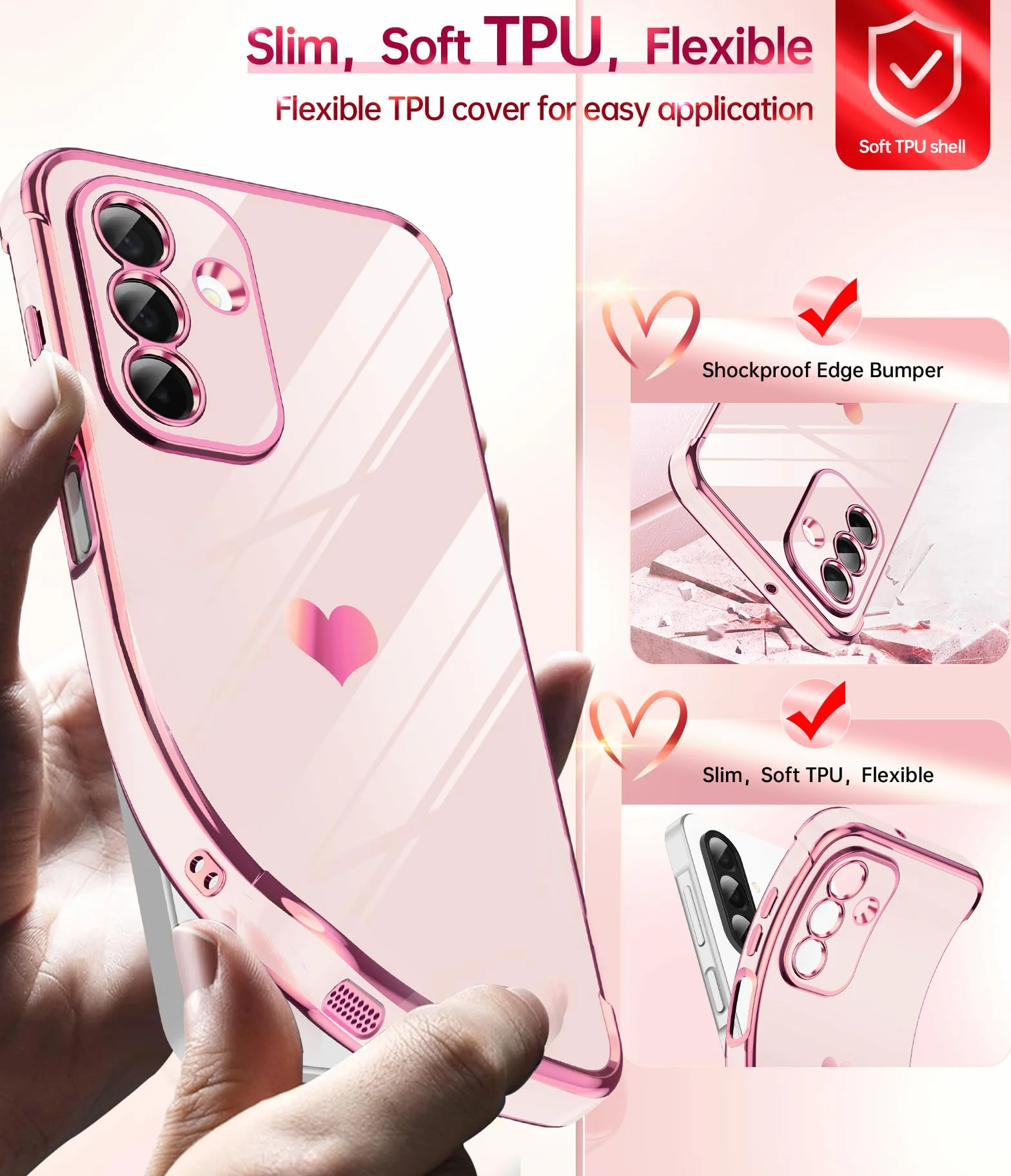 LeYi Etui do Samsung Galaxy A26 5G etui z folii ze szkła hartowanego [2 opakowanie], miłość serce zderzak miękki silikon TPU cienki futerał ochronny na aparat do Samsung A26 kobiet, różowy