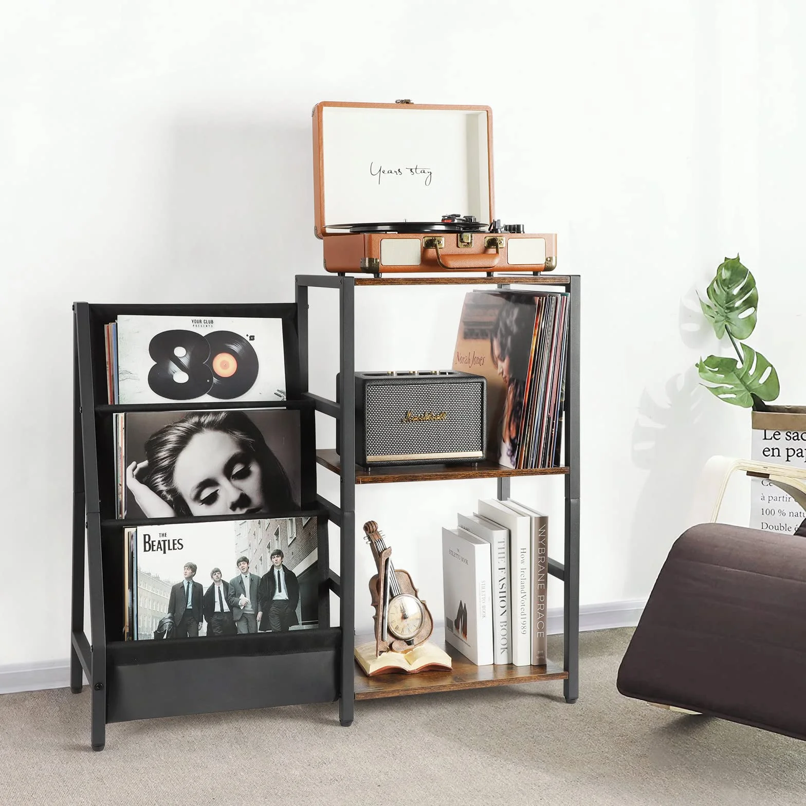 Stojak na Gramofon, Stolik Końcowy z 3-poziomowym Schowkiem na Płyty Winylowe, Stolik na Gramofon do 200 Albumów, Stojak na Płyty Winylowe, Szafka na Płyty Winylowe do Salonu (Patenty)