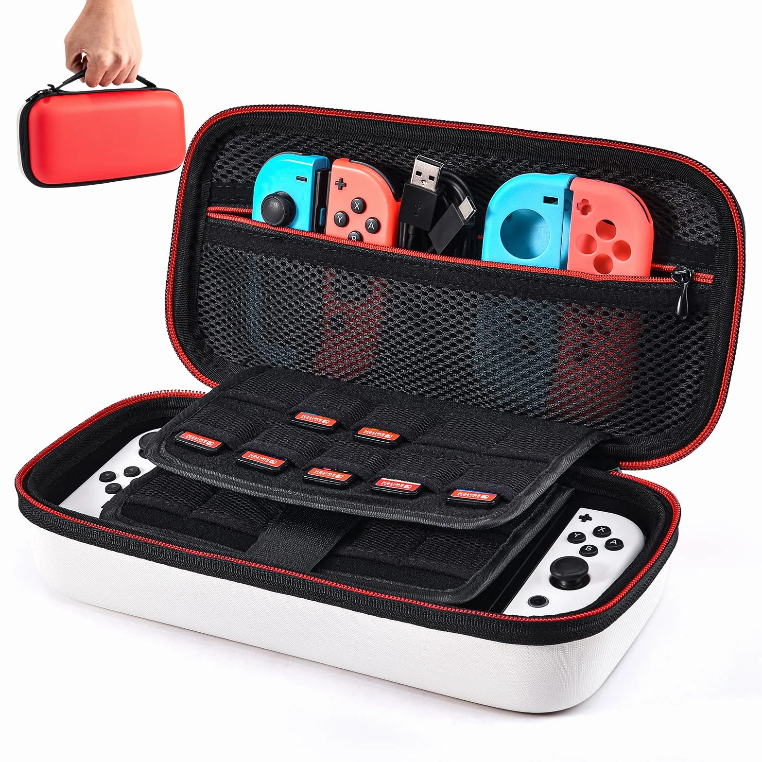 Younik pokrowiec na NS Switch/Switch OLED – ulepszona wersja twardy pokrowiec podróżny z dużą ilością miejsca na 19 gier i inne akcesoria NS Switch – czerwony i biały