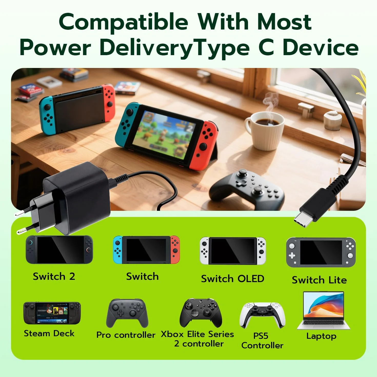 Zasilacz sieciowy do konsoli Switch 2/OLED/Lite, przełącznik ładowarki 1,5 m uchwyt do stacji dokującej TV, Steam Deck Dock i kontroler Switch Pro, szybka 60 W USB typu C, wtyczka EU