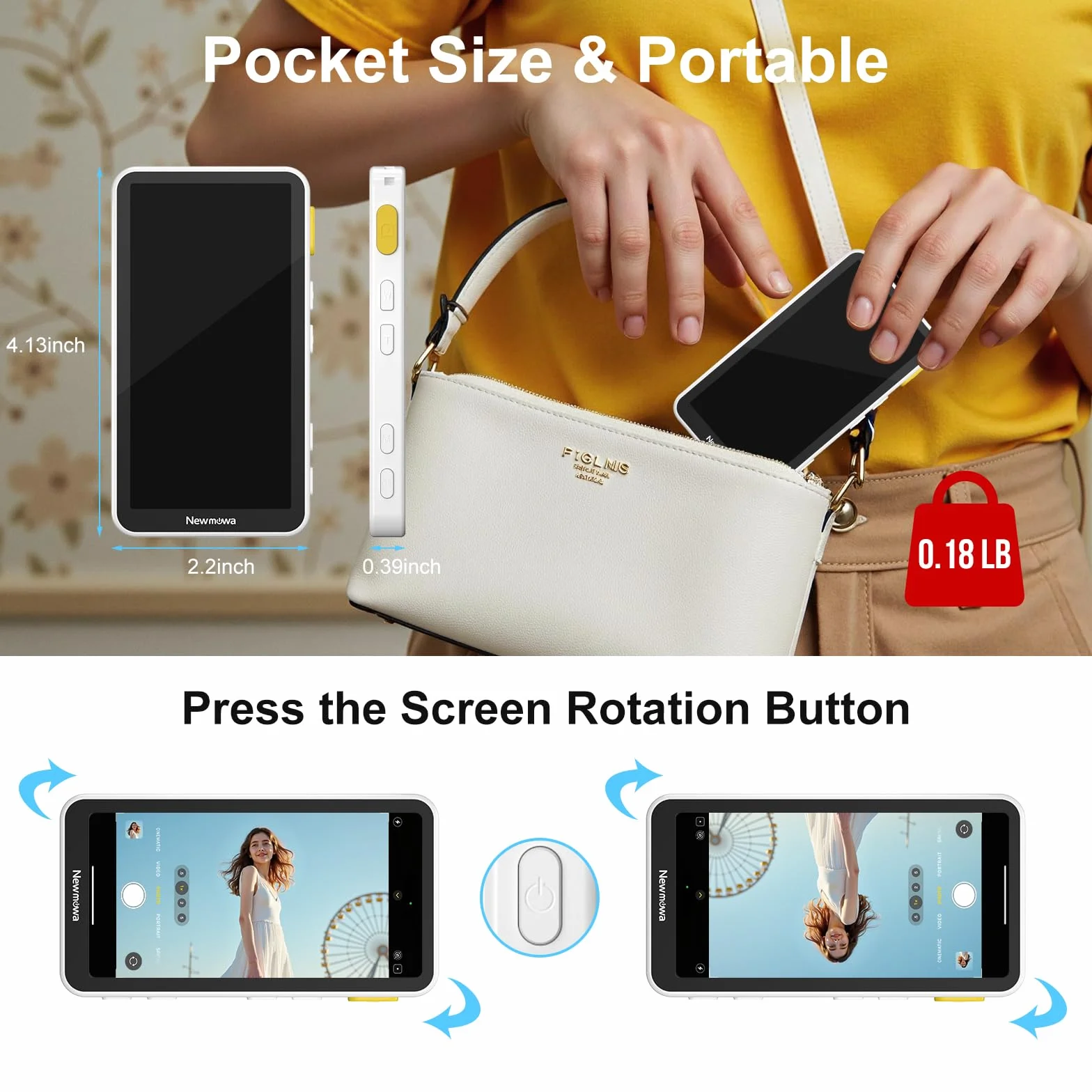 Newmowa Magnetyczny Selfie Monitor Ekranem Dotykowym,z Zoomem, Nagrywanie Bezprzewodowe 1080P,Tylna Kamera Telefonu do Vlog TikTok,Kompatybilny z iPhone(Nagrywanie 4K 30fps Tylko dla iPhone 15/16/17)