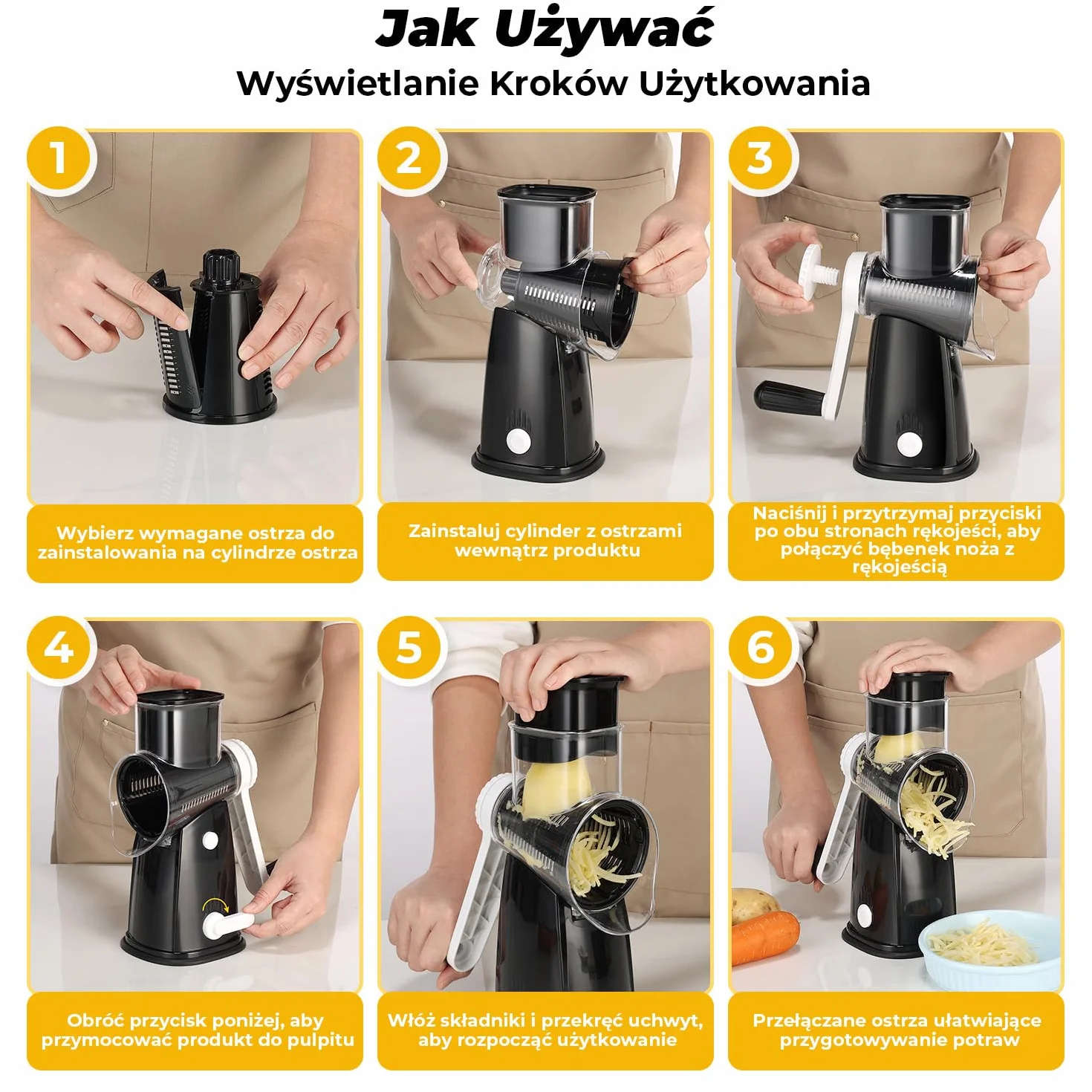 Tarka z kurbelką, tarka do warzyw z 5 wymiennymi bębenkami, tarka do warzyw idealna do sera, ogórków, marchewek, orzechów, tarka bębnowa umożliwiająca szybsze i łatwiejsze cięcie