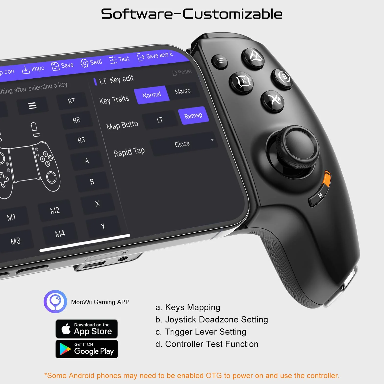 Joso Kontroler telefonu iPhone 15/16 i Android (USB-C), pilot do gier do konsoli PS5/PS4/Xbox, Joysticki Halla Effect, 2 przyciski do mapowania, gniazdo audio 3,5 mm