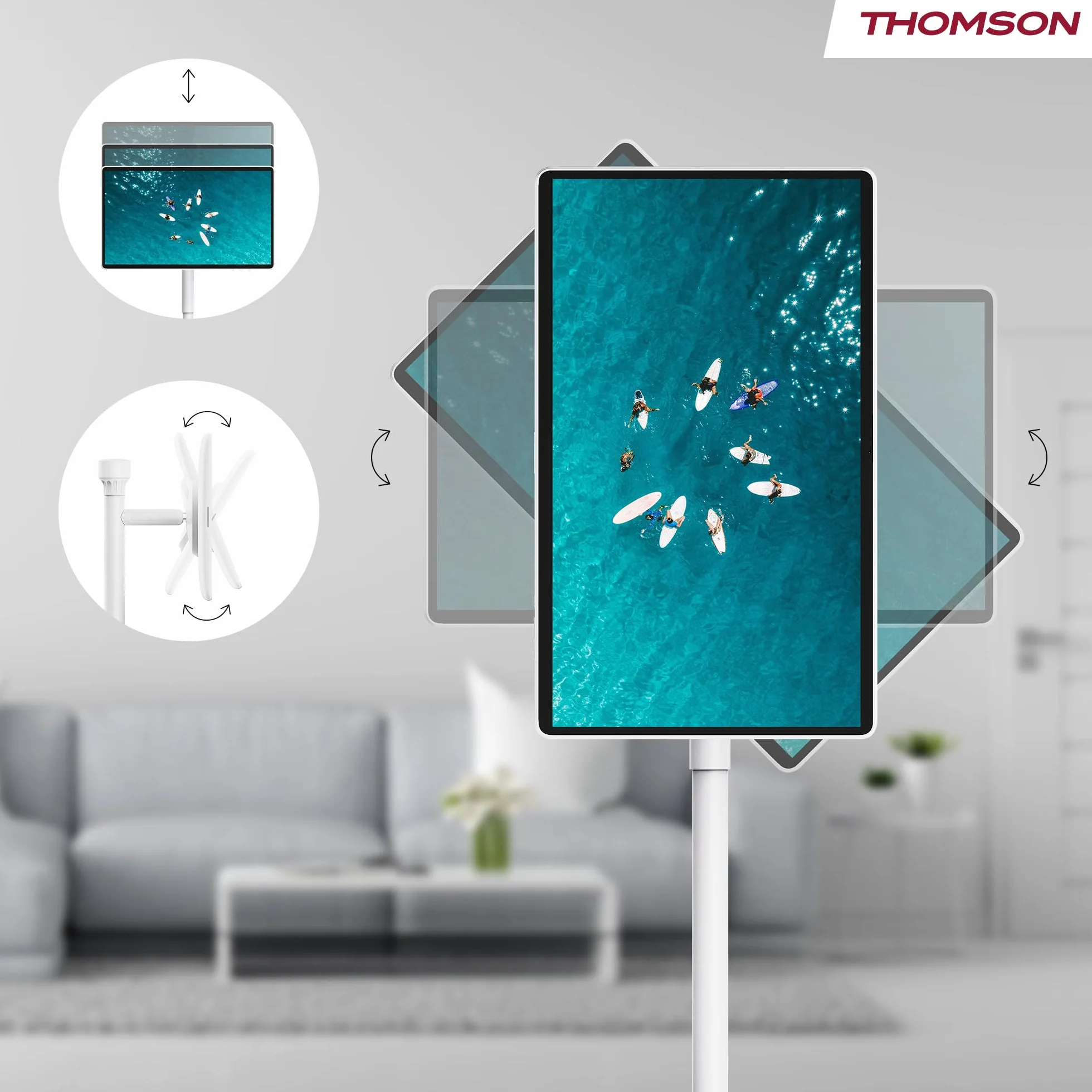 Thomson Go Plus Pro 27-calowy (69 cm) Inteligentny Ekran Dotykowy FHD, Android, Sterowanie Głosowe, Hotspot, Kamera 5MP, Subwoofer, WiFi 6, Bluetooth, 4 Godziny Baterii, Przenośny Stojak - 27FE7M45