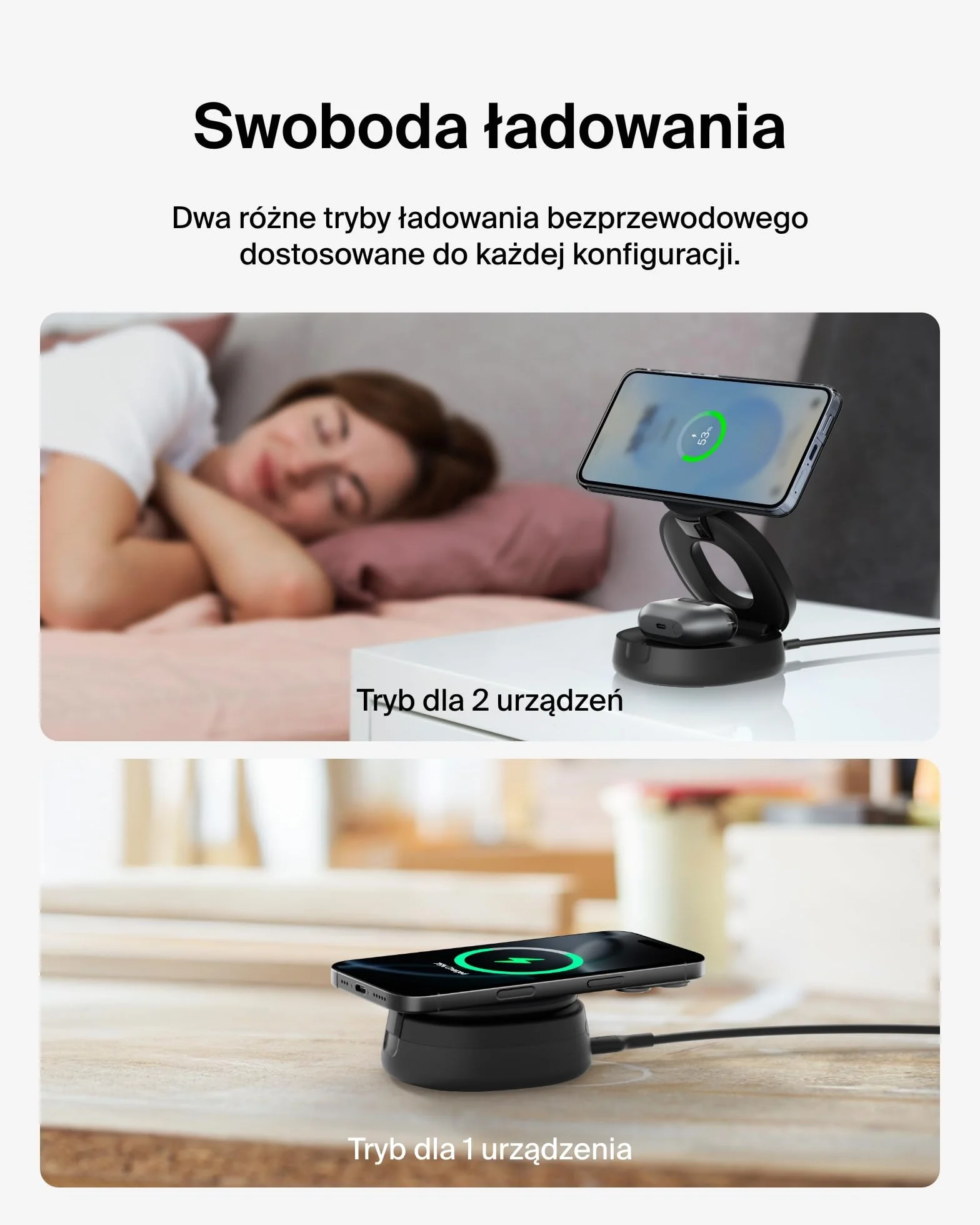 Belkin 2 w 1 Przenośna ładowarka Bezprzewodowa, Rozkładana Bezprzewodowa Stacja ładująca o mocy 15 W, zgodna z MagSafe ładowarka Qi2 do urządzeń iPhone 16 i AirPods, w zestawie ładowarka 30 W – Czarna